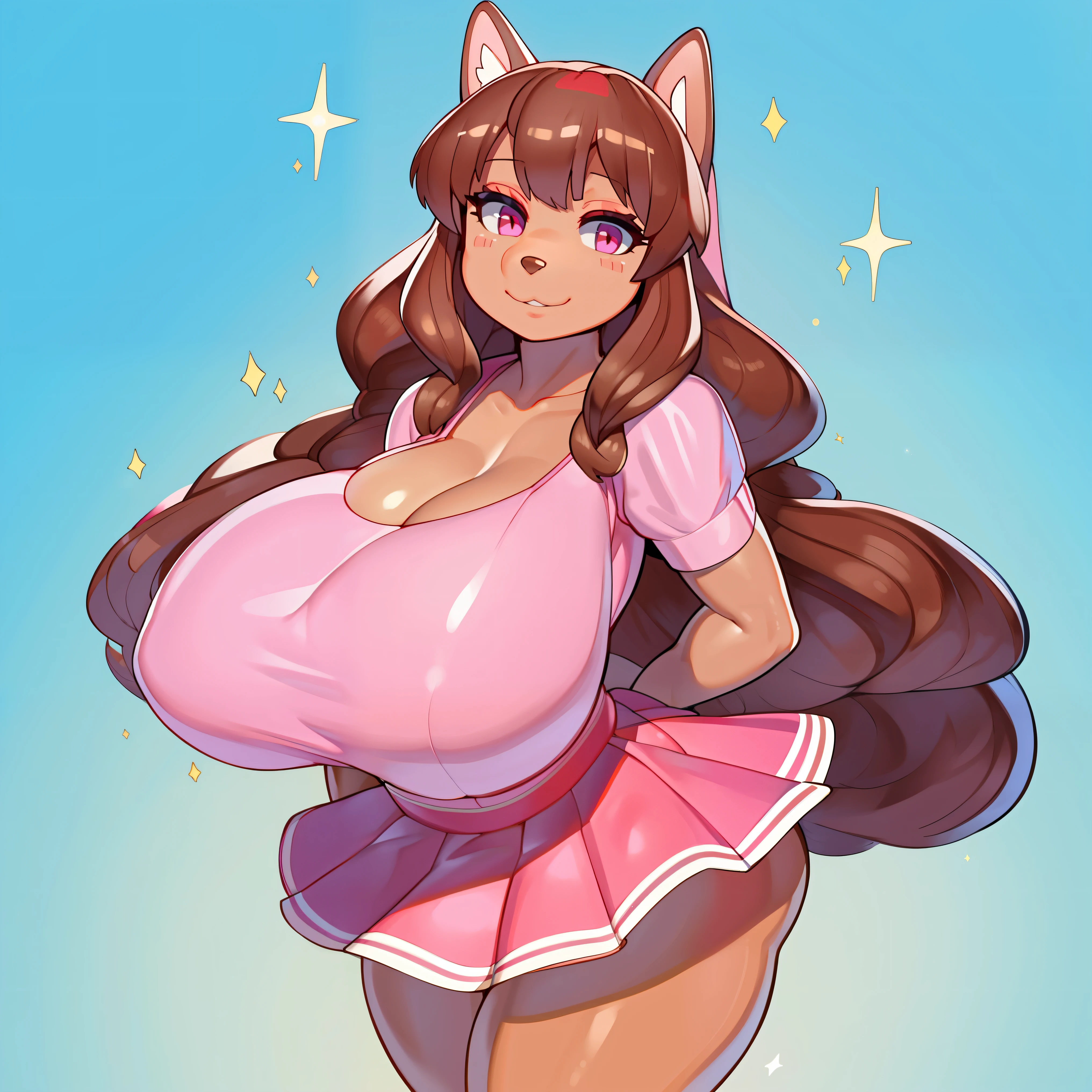 by buta99, by chelodoy, by spikedmauler, by cervina7, solo, female, standing, ((hair, snout)), smiling, lips, big ass, eyelashes, eyeliner, big breasts, cleavage, long wavy brown hair, canine, light brown fur, chocolate labrador, domestic dog, pink clothes, pink eyes, sexy, brown hair, light brown hair, pastel background, kawaii clothes, frilly pink skirt, pink shirt, kawaii shirt, kawaii skirt, skinny, skinny body, cute, sparkles, long wavy hair, strawberry hair piece, red and white skirt, pink room, cute,