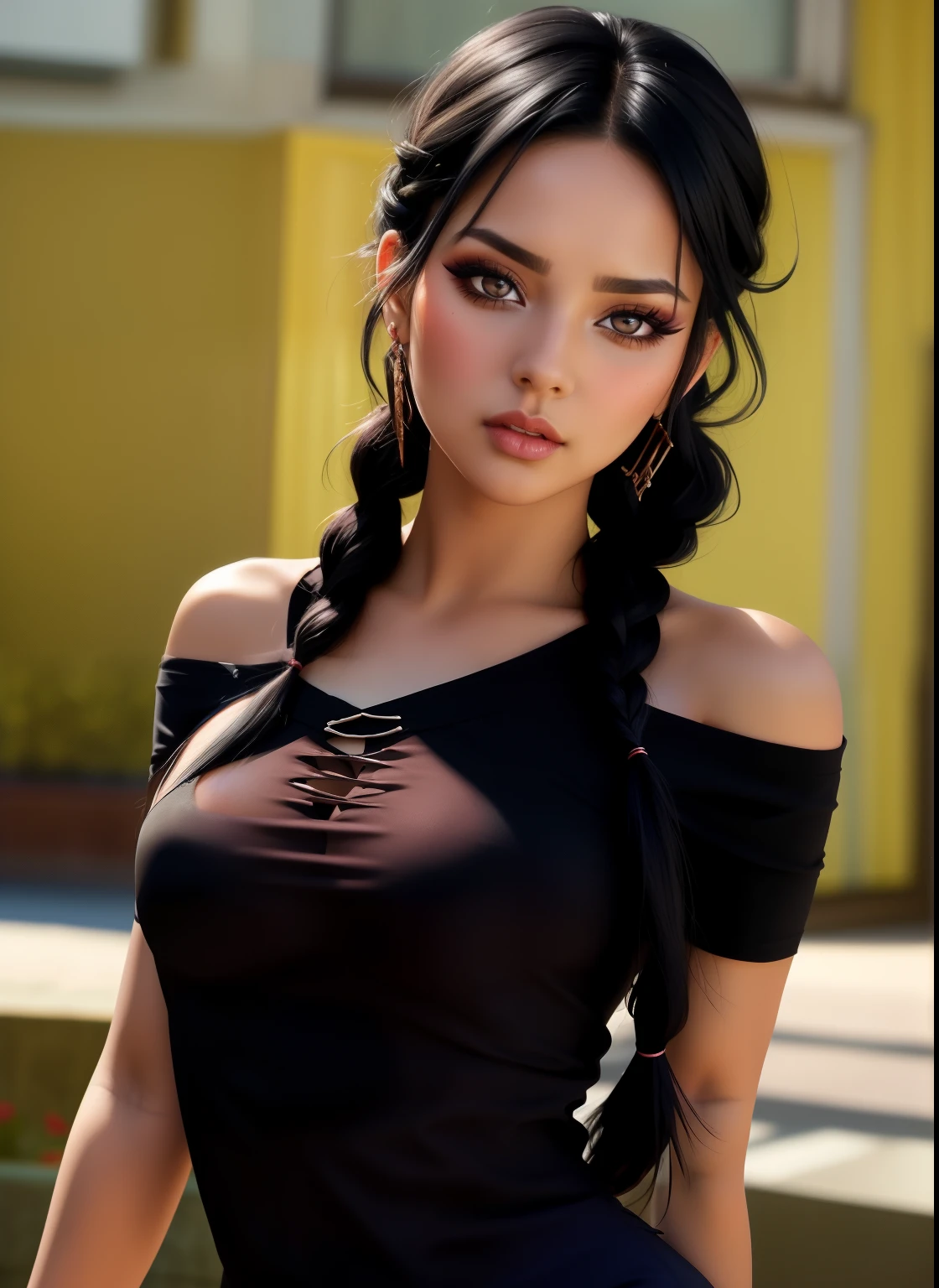 Sexy woman, black hair, single braid, seductive eyes, intense gaze, mouth parted, deep blush, flustered, beautiful face, amazing makeup, off shoulder t shirt