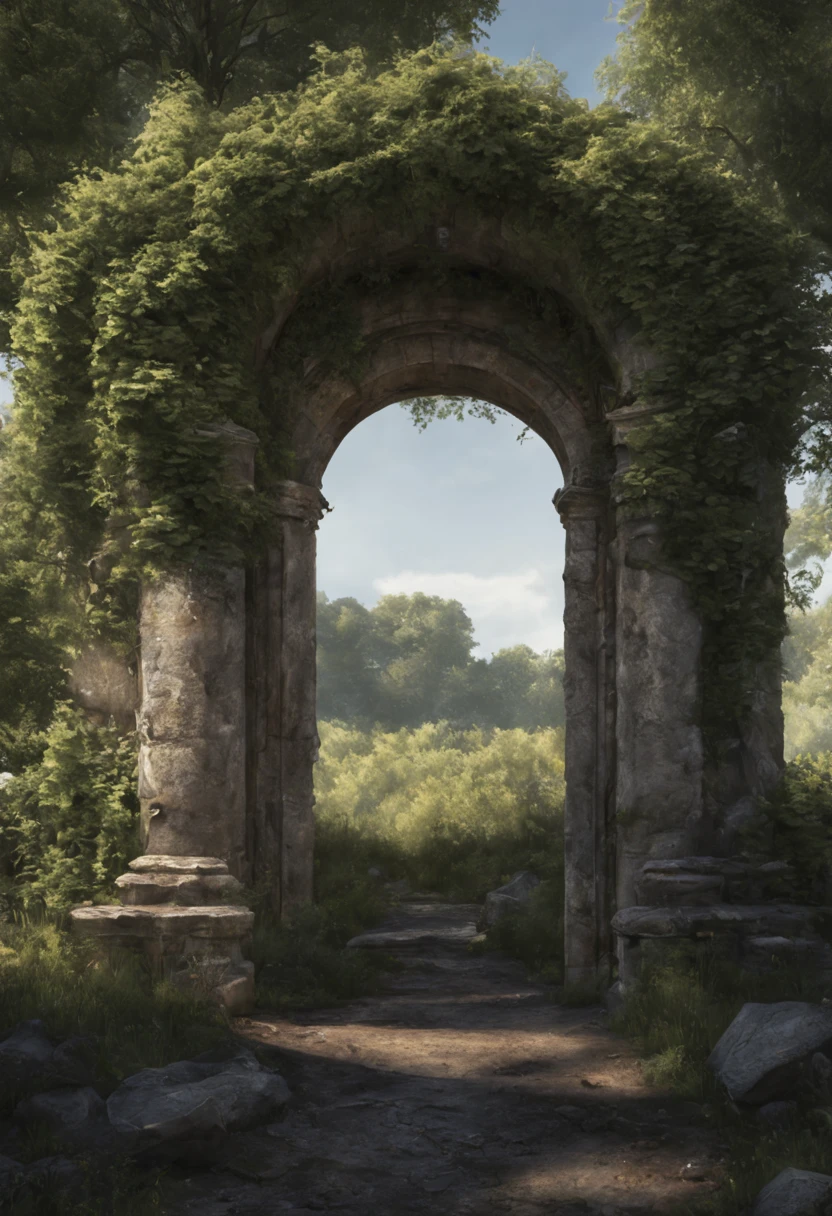 "Subject Description {A decrepit gateway made of weathered stones, entwined with overgrown ivy, standing alone in a desolate landscape, with a shimmering portal of light emanating from within}, Type of Image {Photorealistic Image}, Art Styles {surrealism}, Camera {35mm}, Shot {medium shot}, Render Related Information {4K, hyper detailed, ambient light}"