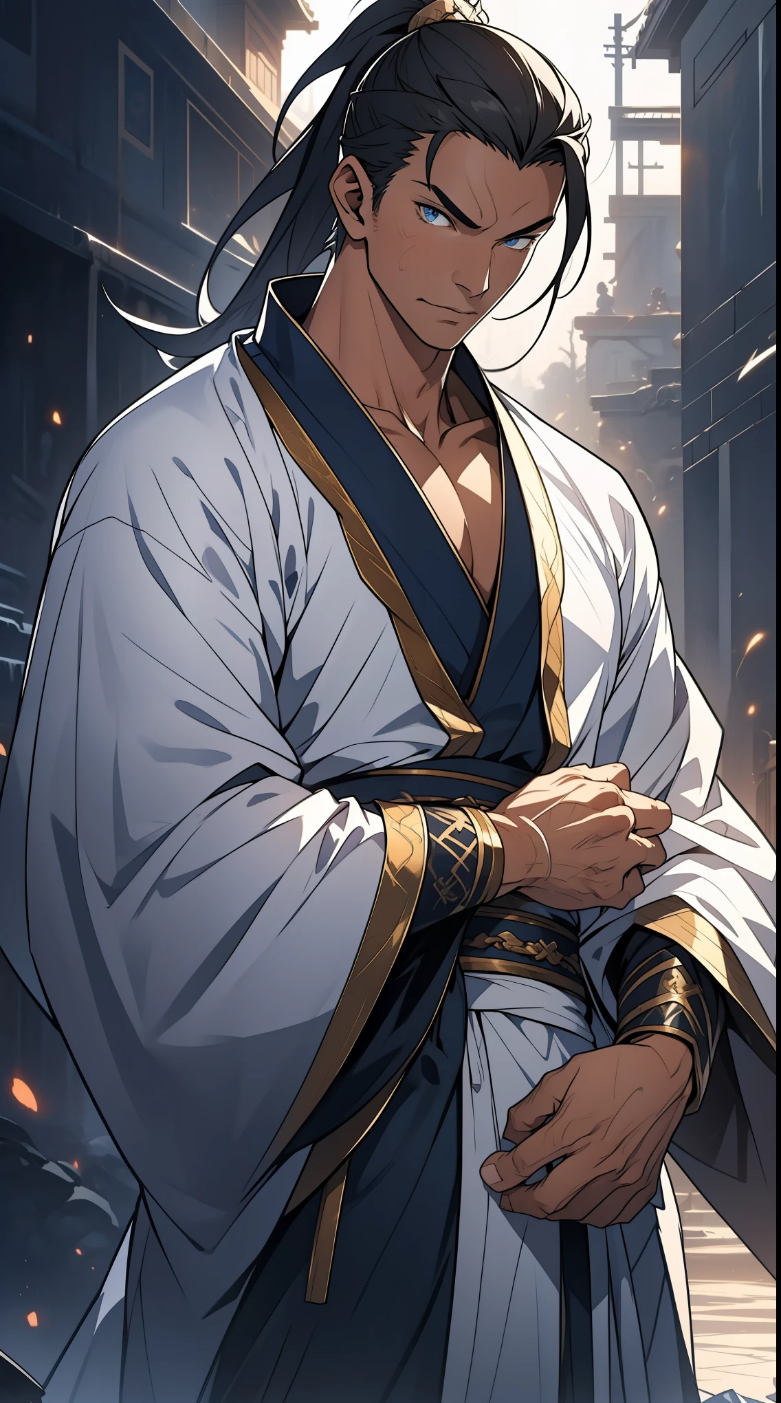Two dimensions,anime style,one person(male warrior),proportions are correct,facial details,swordsman,high ponytail hairstyle,neck detail,Have an Adam's apple,White robe,joke,white robe,clothing details,transfer,long sleeves,Game quality,fencing,Ray tracing,Ray tracing,Detailed glow,CG rendering,hair details,long white hair,blue eyes,Handsome,Handsome,(Youthful feeling),Clothing is complicated,Perfect composition,refine,high quality,higher details,many details,Complex background,a sense of atmosphere,
