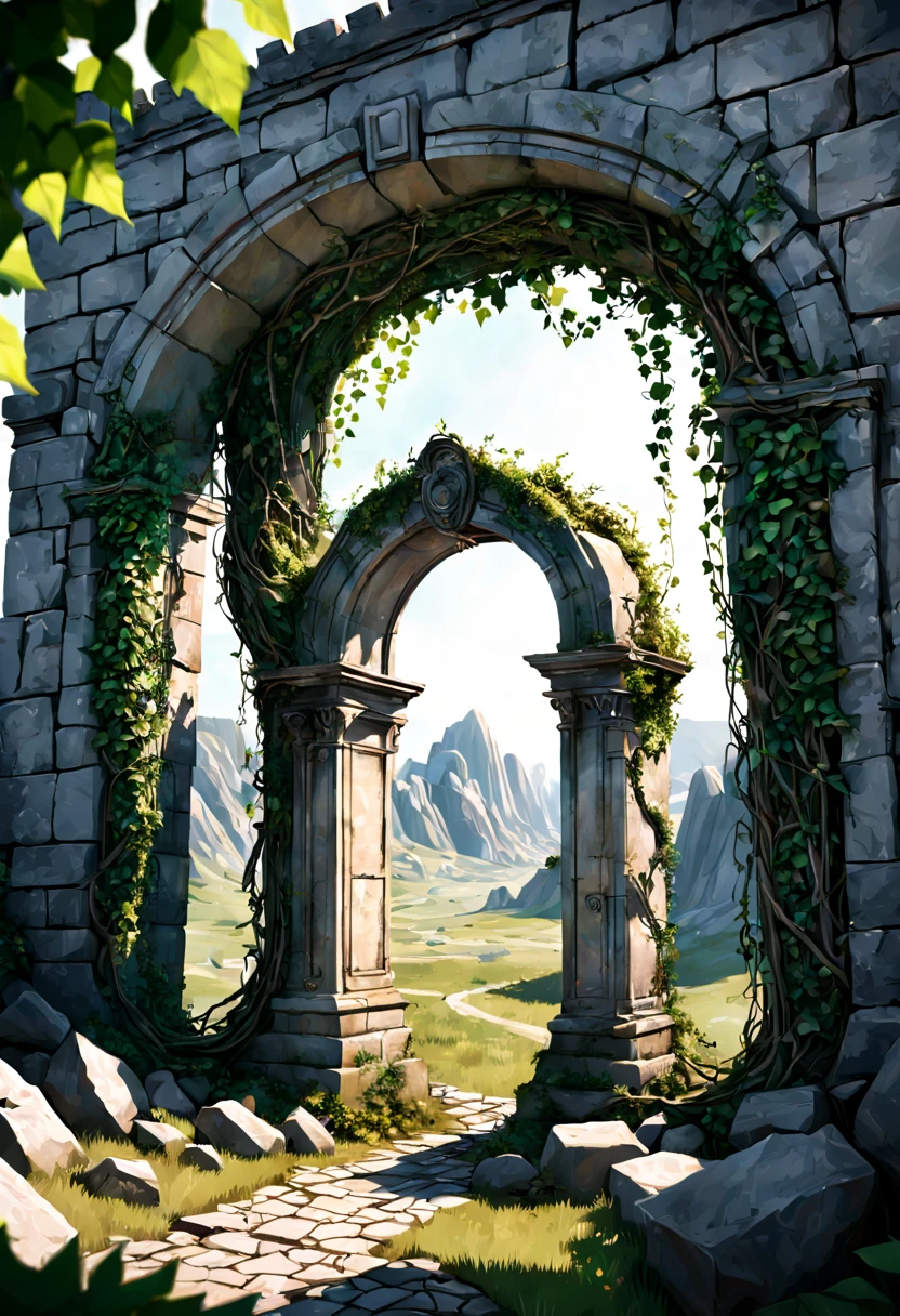 "Subject Description {A decrepit gateway made of weathered stones, entwined with overgrown ivy, standing alone in a desolate landscape, with a shimmering portal of light emanating from within}, Type of Image {Photorealistic Image}, Art Styles {surrealism}, Camera {35mm}, Shot {medium shot}, Render Related Information {4K, hyper detailed, ambient light}"
