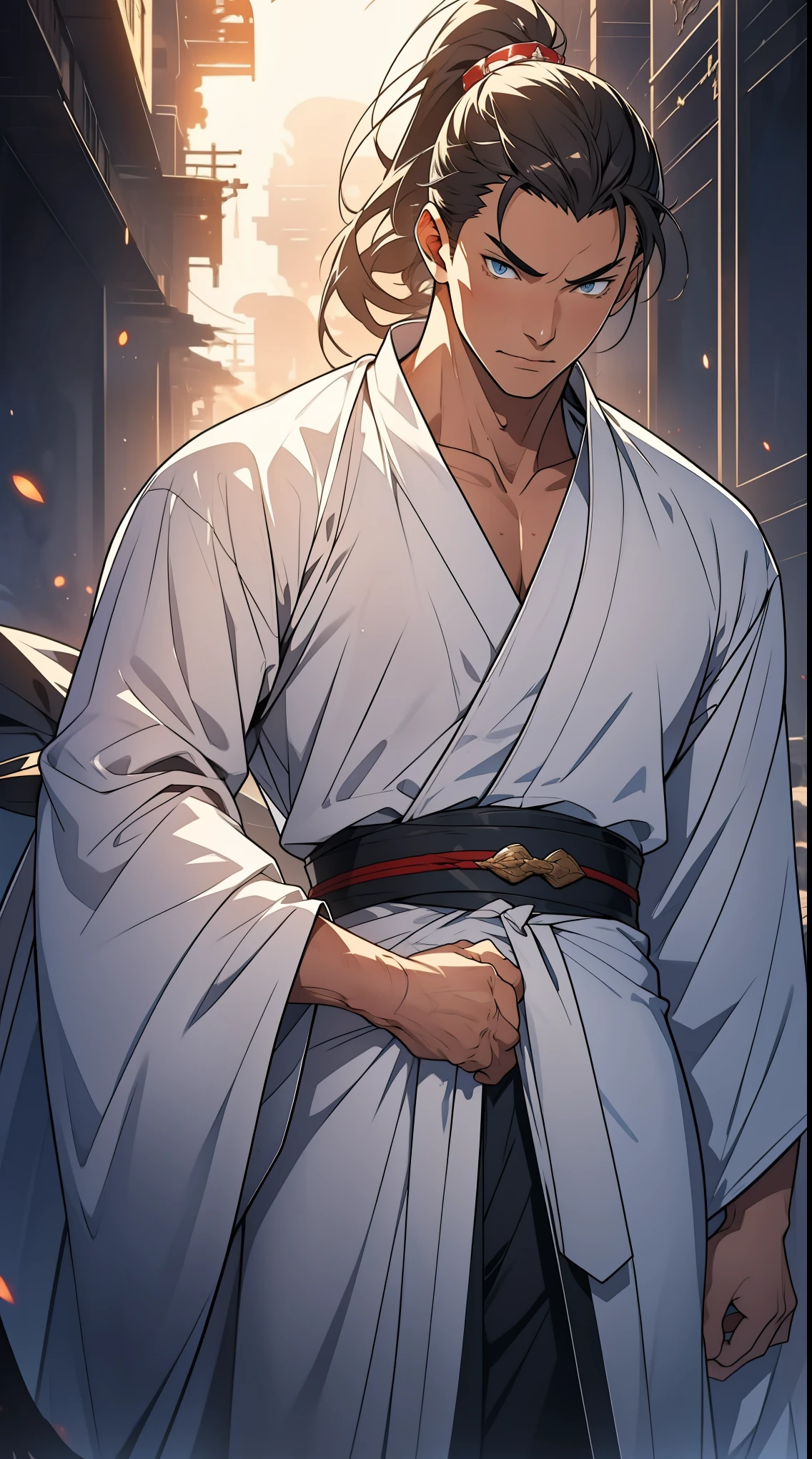 Two dimensions，anime style，one person（male warrior），proportions are correct，facial details，swordsman，high ponytail hairstyle，neck detail，Have an Adam&#39;s apple，White robe，joke，white robe，clothing details，transfer，long sleeves，Game quality，fencing，Ray tracing，Ray tracing，Detailed glow，CG rendering，hair details，long white hair，blue eyes，Handsome，Handsome，（Youthful feeling），Clothing is complicated，Perfect composition，refine，high quality，higher details，many details，Complex background，a sense of atmosphere，