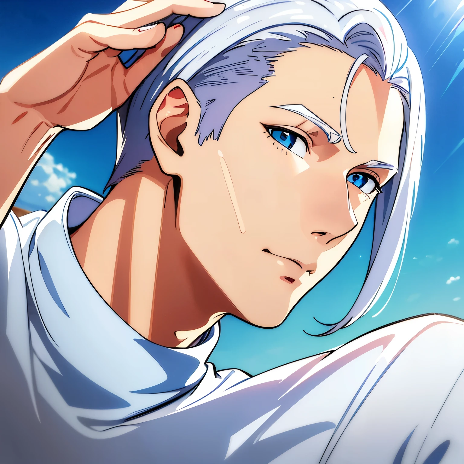 ((best quality)), ((masterpiece)), (detailed), perfect face,man,play boy,white hair,blue sky eye,white skin,white shirt,jeans,white cross earring,undercut,man face,tall,thin,play full face