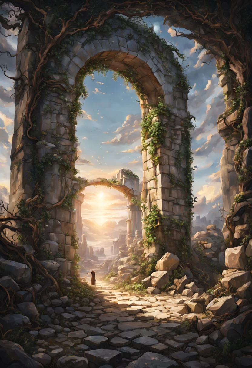 "Subject Description {A decrepit gateway made of weathered stones, entwined with overgrown ivy, standing alone in a desolate landscape, with a shimmering portal of light emanating from within}, Type of Image {Photorealistic Image}, Art Styles {surrealism}, Camera {35mm}, Shot {medium shot}, Render Related Information {4K, hyper detailed, ambient light}"