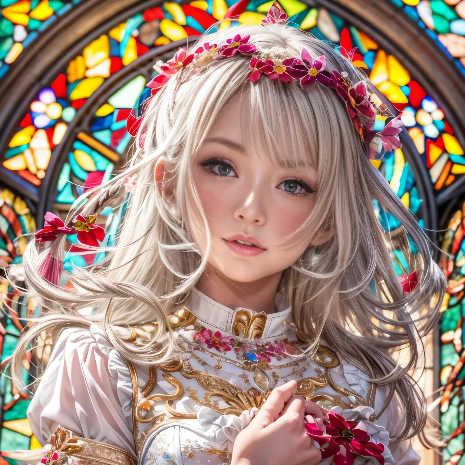 (NSFW:-0.98) . White and Red, (Dazzling colorful light pours down:1.2), ( Ultra-detailed1.35), ((Masterpiece:1.2) of professional Analogue photo with (Hasselblad)), (((Realistic and Photorealistic with touch of rawness:1.37))), (((Acutance:0.85), { from below | from side } )) . ((A group photo of many KAWAII girls in (school uniform)) with visible Overflowing Cleavage) and Navel without bra . (((Extremely detailed KAWAII face variations)) with joyful expressions), { Detailed natural eyes with sparkling highlights and long eyelashes | Rosy cheeks | Navel | (pretty Ass) | (Overflowing underboob) | Oiled ivory skin Details | White panties with (blood seeping only in crotch area) | ((full of Flowers covering girl's body:1.15)) | (((Dazzling colorful stained glass with stunning elaborate details:1.2))) | Mystic sight | A Halo ling in the air | God rays | Haze | Lens flare | Luminescent particles | Kissing face to face } . Ultra-detailed, (Exposed:0.8), (((Nipple:-0.9))) .