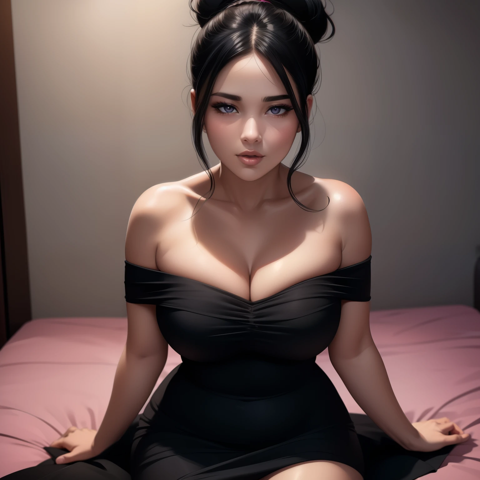 Sexy thick woman, black hair in a bun, plump face, seductive eyes, medium nose, perfect pink lips seductively parted, fairest skin, black long dress, stripping, exposing bare shoulders