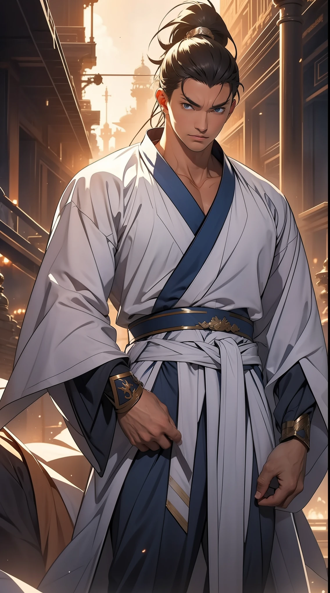 Two dimensions,anime style,one person(male warrior),proportions are correct,facial details,swordsman,high ponytail hairstyle,neck detail,Have an Adam's apple,White robe,joke,white robe,clothing details,transfer,long sleeves,Game quality,fencing,Ray tracing,Ray tracing,Detailed glow,CG rendering,hair details,long white hair,blue eyes,Handsome,Handsome,(Youthful feeling),Clothing is complicated,Perfect composition,refine,high quality,higher details,many details,Complex background,a sense of atmosphere,