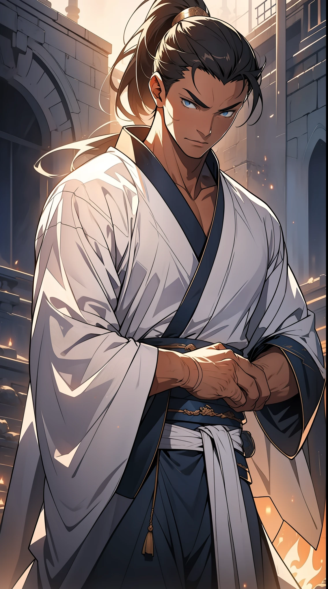 Two dimensions，anime style，one person（male warrior），proportions are correct，facial details，swordsman，high ponytail hairstyle，neck detail，Have an Adam&#39;s apple，White robe，joke，white robe，clothing details，transfer，long sleeves，Game quality，fencing，Ray tracing，Ray tracing，Detailed glow，CG rendering，hair details，long white hair，blue eyes，Handsome，Handsome，（Youthful feeling），Clothing is complicated，Perfect composition，refine，high quality，higher details，many details，Complex background，a sense of atmosphere，