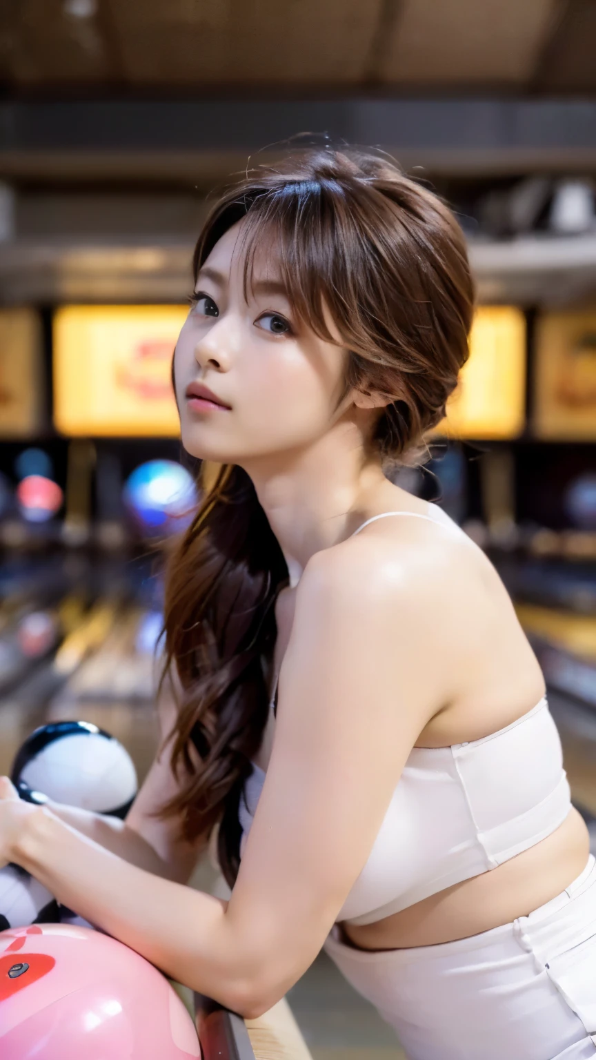 ((((((perfect anatomy))),(((A beautiful profile woman in her 20s stands motionless with a black bowling ball under her chin in the 50th lane of a large bowling alley with 100 lanes on a hot summer day in front of a large gallery.))),　　　　　　　　　　　　　　　　　　　She is concentrating while wearing a one-piece skirt with a red collar and bowling shoes.,　　　　　　　　　　　　　　　　　　　　　　　　　　　　　　　　　　　(((Ulsan-6500))),(((Beautiful background bokeh with deep depth of field created by Hasselblad))),　　　　　　　　　　　　　　Sexy cinched waist and upward hips,　　　　　　　masterpiece,highest quality,ultra high resolution,High detailed full body portrait,tall nose and beautiful face,limbs like a model,　　　　　　　　　　(((Her slender waist and slender hips are a beauty that captivates viewers.))),　　　　　　　　　　　　　　　　　　　　　　　((Full body photo taken from far away from the side)),　　　　　　　　　　　　cute 20 year old,She has beautiful long chestnut brown hair tied up and the nape of her neck is sexy.,　　　　　　　　　　　　　　　　　　　(Beautiful F-cup breasts that stand out),　　　　　　　　　　　　　long eyelashes and large eyes,,Clear double eyelids,((Glossy thick lips)),　　　　　　　　　　　　　　　　　　perfect anatomy,
