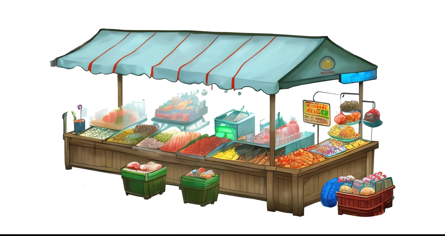 market, 蔬菜market,Food stalls, fish seafood markets, colored market stand, marketplace, background art, underwater market, some stalls, concept art!, 2d game assets, game illustration, Inside the fantasy supplier, seperated game assets, game assets