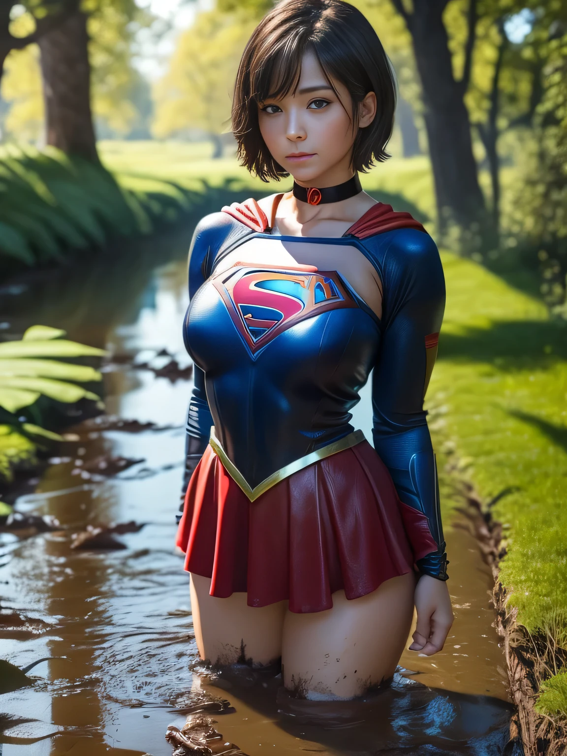 masterpiece、Short-haired Supergirl fell into the swamp..、big and full breasts、look at the camera、shiny costume、red mini skirt、Mud stains、Covered in mud、choker、long sleeve、