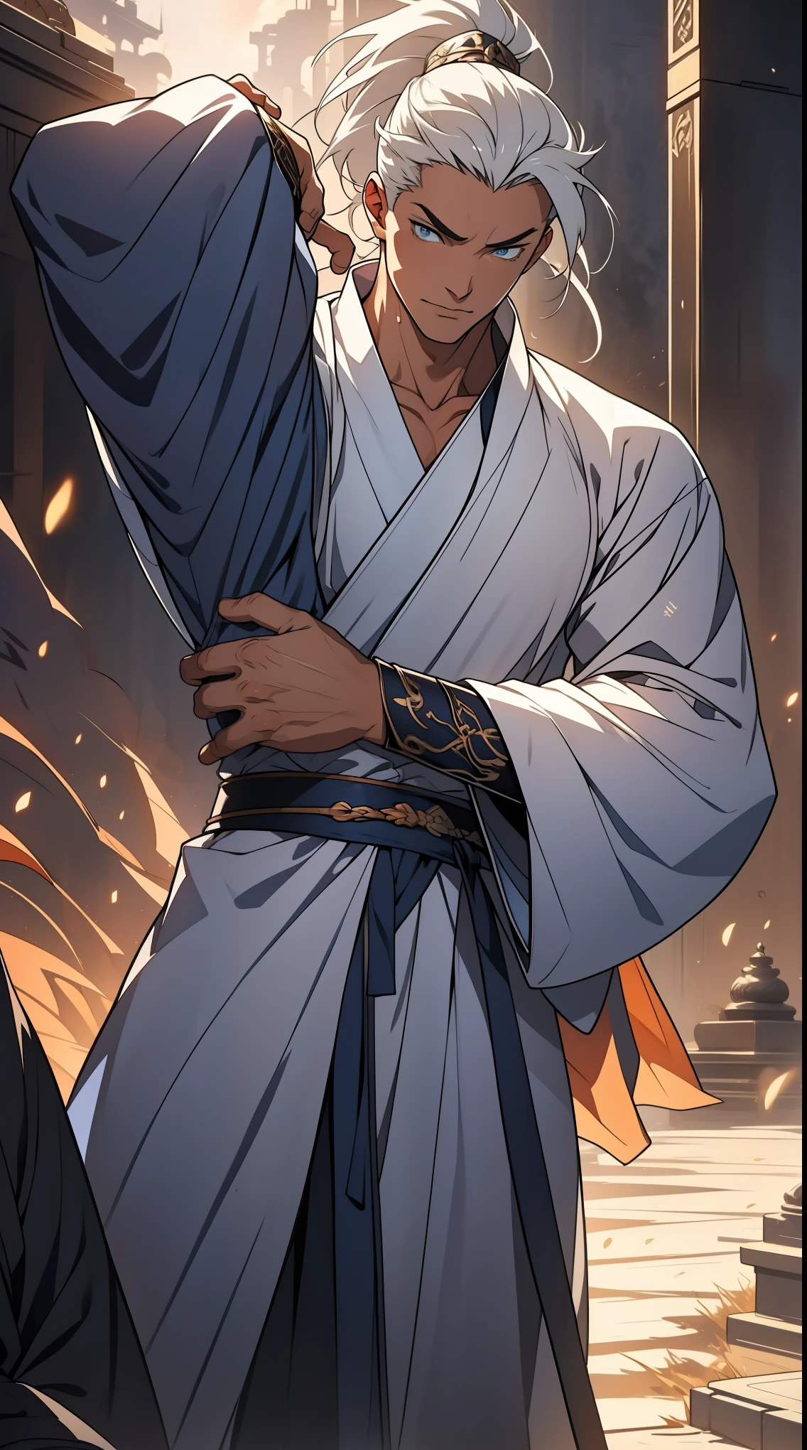 Two dimensions，anime style，one person（male warrior），proportions are correct，facial details，swordsman，high ponytail hairstyle，neck detail，Have an Adam&#39;s apple，White robe，joke，white robe，clothing details，transfer，long sleeves，Game quality，fencing，Ray tracing，Ray tracing，Detailed glow，CG rendering，hair details，long white hair，blue eyes，Handsome，Handsome，（Youthful feeling），Clothing is complicated，Perfect composition，refine，high quality，higher details，many details，Complex background，a sense of atmosphere，