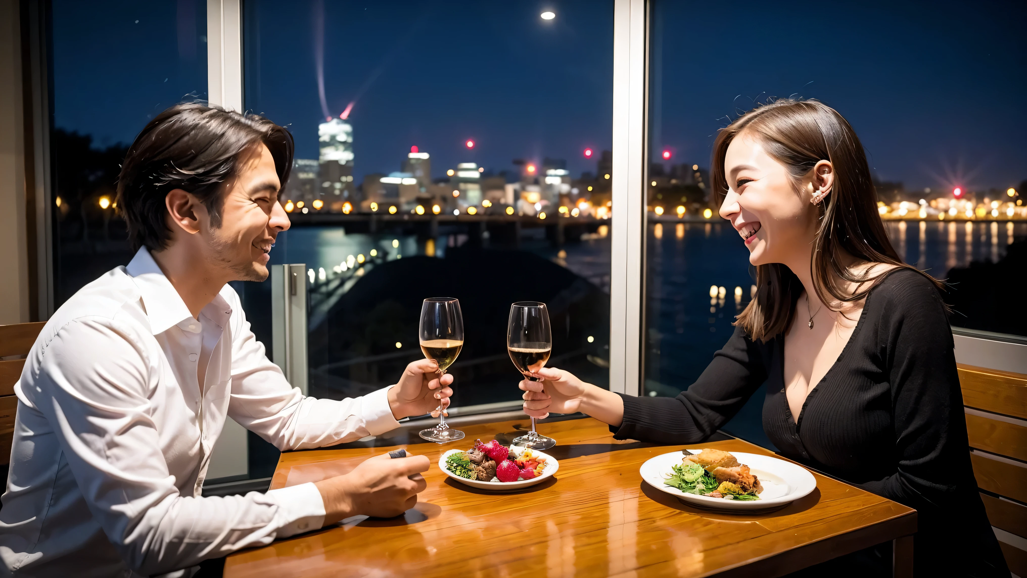 ((Highest quality、8K、masterpiece:1.3))、1 male 1 female、Satomi Ishihara、Beautiful couple、smile、full-course dinner、 (Slim face), (the body is スリム), (Brown Hair), (Shortcuts), ((Bob Hale、Straight hair:1.2)), テーブルの上のwine glass、Put the light on your face、 Amazing view of the sunset sky and clouds、smileの美しさ、Bright image、Blushing, Shortcuts, (43 years old), 39 years old, Appetizers、Italian food、Wine bottle、Champagne、sparkling wine、Long sleeve shirt、dress、Attractive beauty、restaurant, Nova Frog Style, actress, model, Upper Body, White wine, red wine, wine glass,