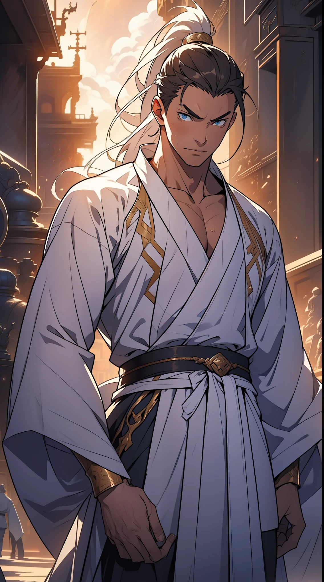 Two dimensions,anime style,one person(male warrior),proportions are correct,facial details,swordsman,high ponytail hairstyle,neck detail,Have an Adam's apple,White robe,joke,white robe,clothing details,transfer,long sleeves,Game quality,fencing,Ray tracing,Ray tracing,Detailed glow,CG rendering,hair details,long white hair,blue eyes,Handsome,Handsome,(Youthful feeling),Clothing is complicated,Perfect composition,refine,high quality,higher details,many details,Complex background,a sense of atmosphere,