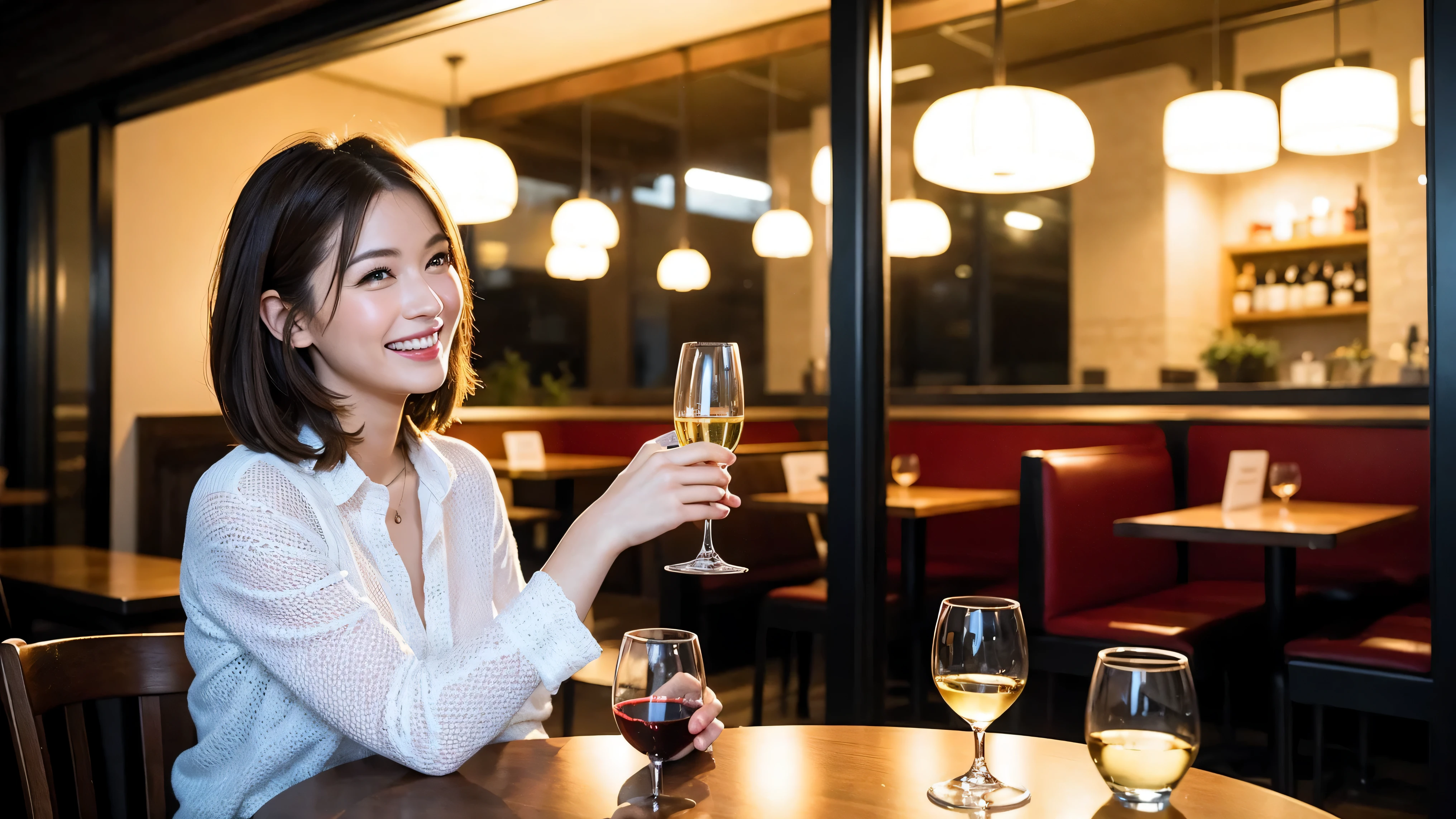 64k, UHD, highest quality, masterpiece: 1.2), (realistic, photorealistic: 1.37), (slimな男女4名),(Wine party for 5 people)、celebration party、3 women who love wine、three men、champagne、Sparkling wine、winter night、restaurantでワイン宴会、(slimフェイス),Happy、 最高なsmile、Fox Face、Berry Short、(because I'thin), (brown hair), (shortcut), long sleeve shirt、winter fashion、Colombia、Brazilian、Japanese、Dutch、German、Portuguese、Belgian、Italian、french, (gush), (slimボティ), (brown hair), (shortcut), Neat beauty、cheeks blush a little, (41 years old), 38 years old, alone, A beautiful and detailed night view spreads out outside the window..., restaurant, wine glassが座っている, At night, in a prominent place (from the Upper body) nova frog style, actress, model, Upper body, White wine, slim, wine glass, very beautiful night view, wine glass Put in the Middle, Happy smile, (smile: 1.15),