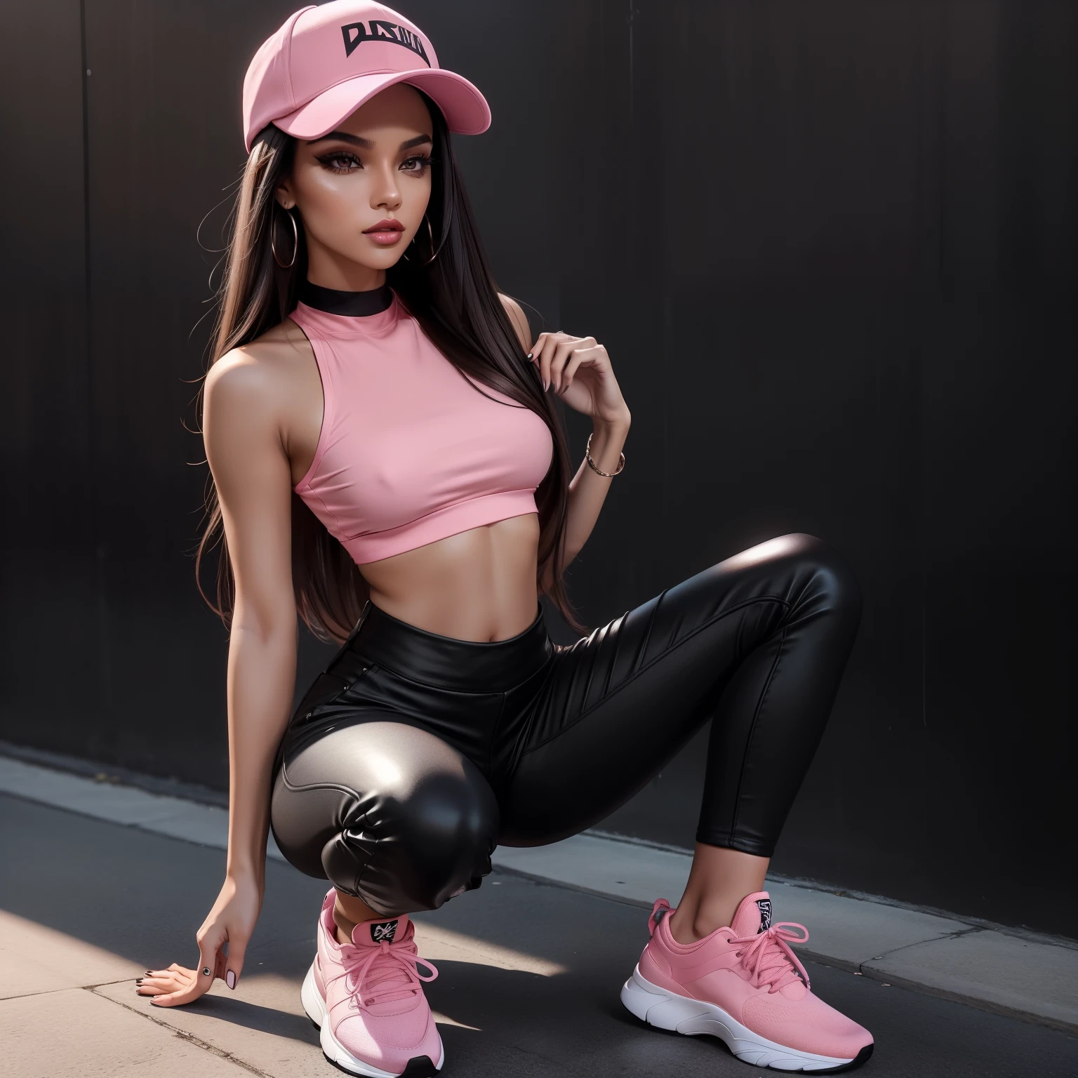 Sexy woman with long, sleek brown hair and dyed strands, wearing a stylish black cap. She has stunning makeup with black eyeliner and glossy lips, complementing her perfect face. She is dressed in a pink crop top, black skinny pants, and sneakers, showcasing her amazing fit body.