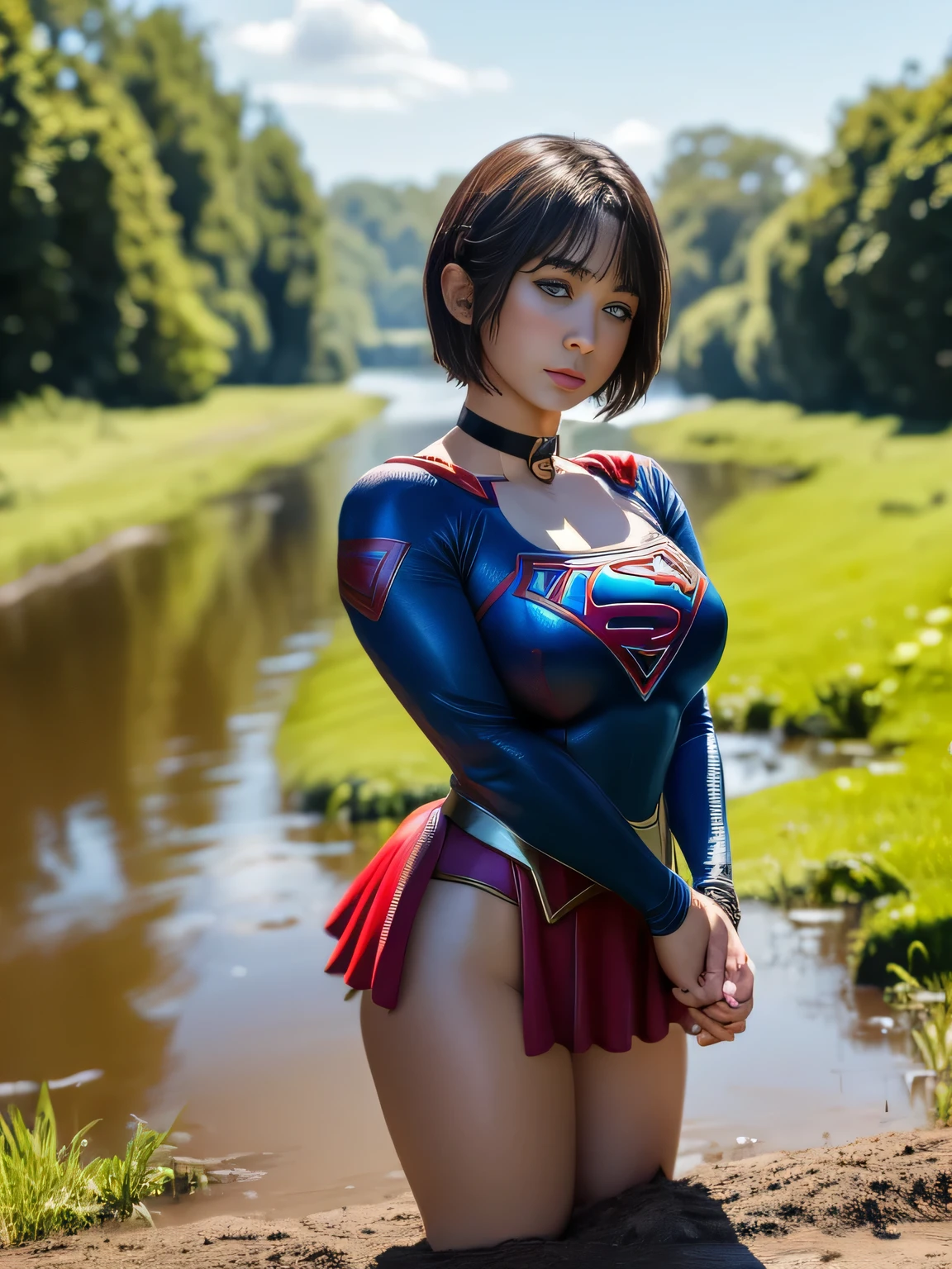 masterpiece、Short-haired Supergirl fell into the swamp..、big and full breasts、look at the camera、shiny costume、red mini skirt、Mud stains、Covered in mud、choker、long sleeve、