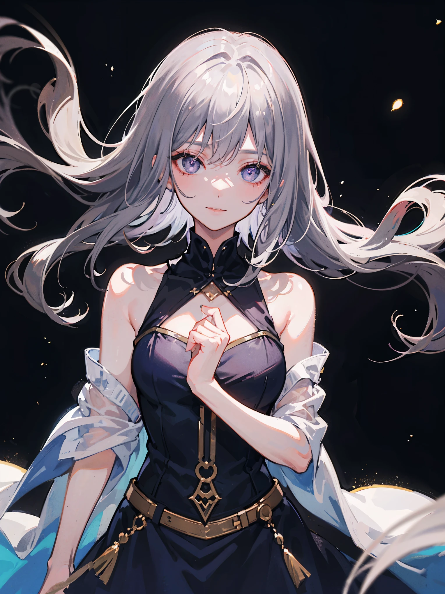 (cowboy shot), (best quality, ultra-high resolution, depth of field:1.2), beautiful face, purple eyes, galaxy in eyes, bright eyes,1woman, medium breasts, (gray hair:1.3), innocent smile, natural makeup, space background, stars_sky, moonlight, night, つきみりん, Tsukimirin, simple background