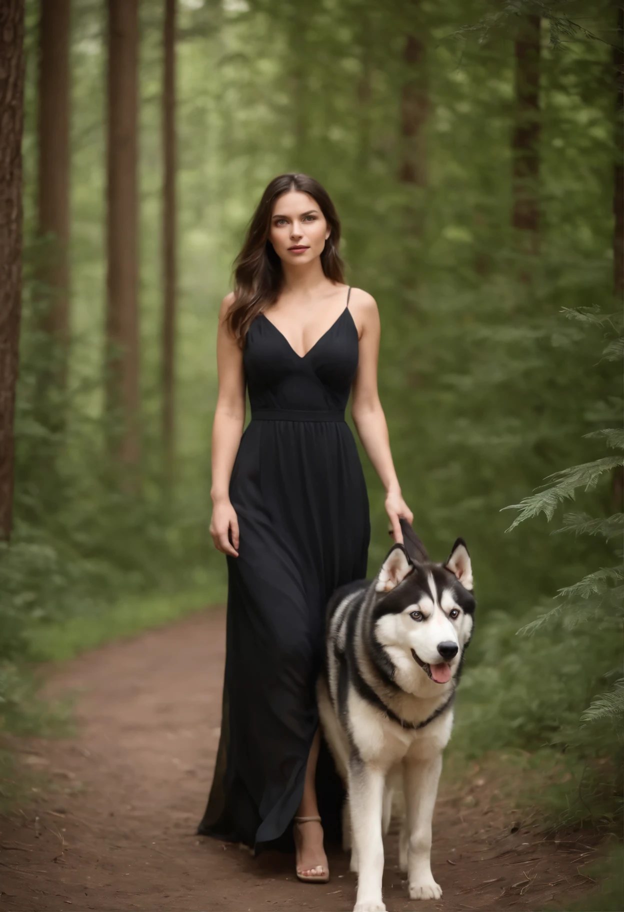 woman in a black dress walking through a forest with a large Siberian husky.