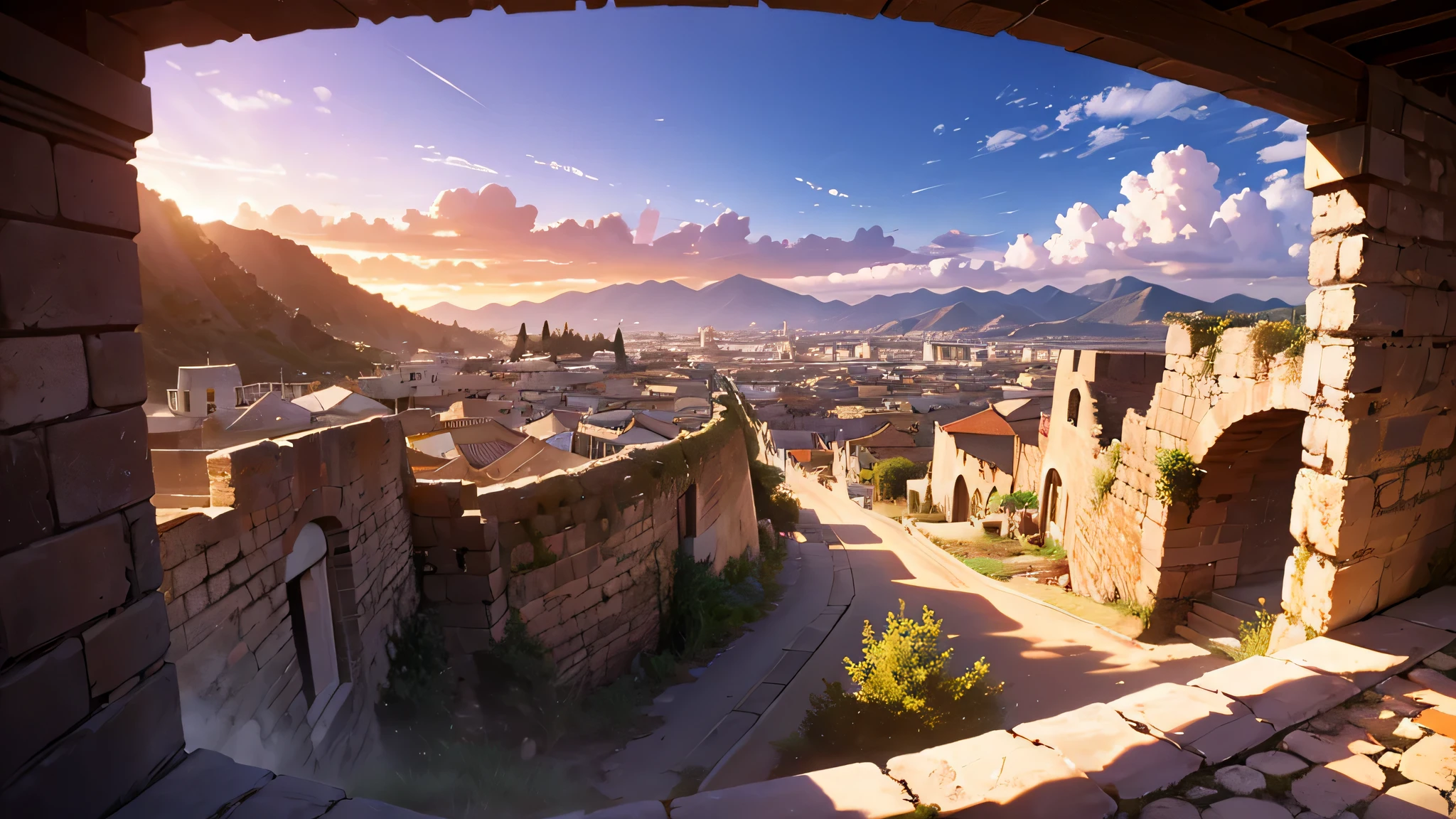 panoramic view, architecture, ancient, fortified city, Jericho, biblical era, massive stone walls, imposing watchtowers, sturdy gates, bustling streets, adobe structures, historical authenticity, dramatic sunset lighting, aerial perspective --ar, And now, an old wall ran on that outer side, enclosing the old town. Although this was the outermost perimeter of the town until approximately two hundred years ago
