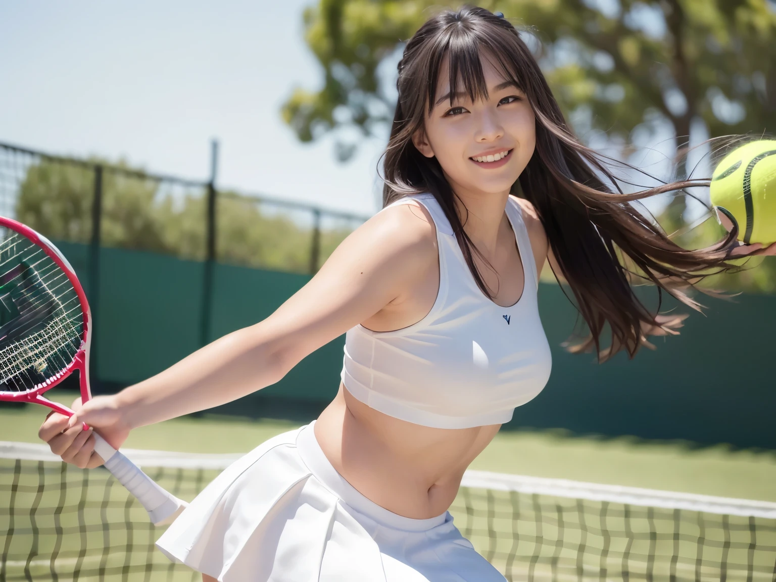 (8K, highest quality, masterpiece: 1.2), (realistic, realistic: 1.37), Super detailed, 1 girl, 20-year-old, big, beauty, cute, smile, alone, tennis wear, mini skirt, Tennis court, racket, tennis ball, (nose redness), (smile: 1.15), (closed your mouth), beautiful eyes, (long hair: 1.2), floating hair nova frog style, Upper body