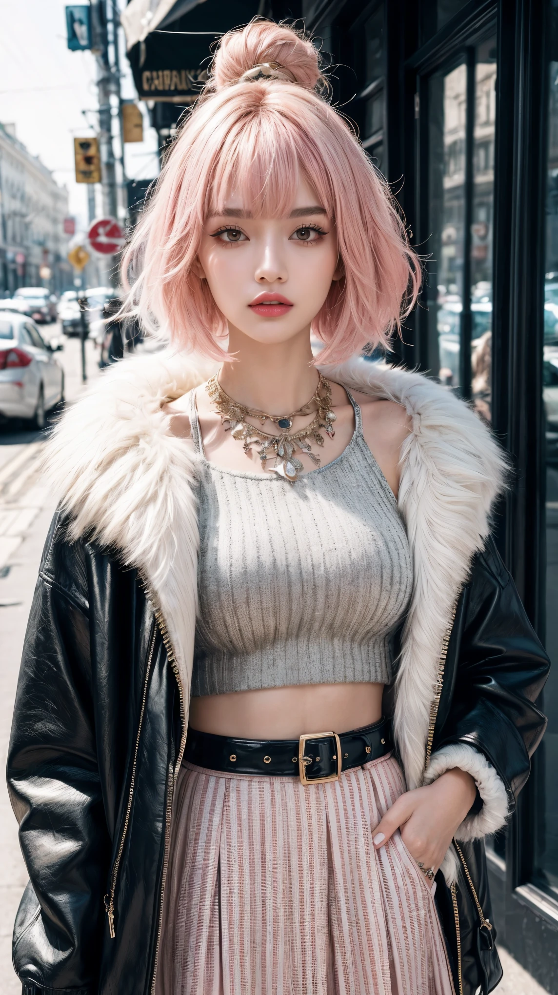 1GIRL, beautiful girl, beautiful face, sassy theme style, bold, fine details, (best quality), (intricate details), bold style, chic style, shiny, dressing room background full of shiny and luxurious women's items, put it in the jewelry room, in jewelry room, ((healthy fluffy pink hair)), best quality, ((bold costume, bold fashion statement in pinstripe crop top and belted skirt, combined with a fur-lined cropped jacket, independent woman)), (beautiful style)), beautiful face, sassy, ​​crazy face, pinup, perfect face, portrait background lots of jewelry and luxury women's accessories(masterpiece : 1.2 , top quality), (original image, intricate details), (1 woman, solo, upper body,  chest) Clothing: sharp, stylish, cool, fashionable, non-standard, avant- garde, experimental Appearance: popular female hair or black and white, natural makeup, unusual fashion choices, idol stars Behavior: cool, non-conformist, stylish Place: city full of sweets, Underground Music World Hobbies: wants to destroy anything that gets in her way , creating works of art in mixed media, experimenting with subcultures Different values: individuality, authenticity, creative expression Sources of inspiration: beautiful and cute, counterculture icons, avant-garde art movements Character traits: brave, online, non-standard . Top image, middle image, front view