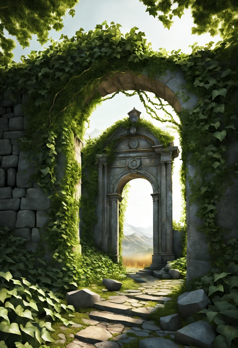 "Subject Description {A decrepit gateway made of weathered stones, entwined with overgrown ivy, standing alone in a desolate landscape, with a shimmering portal of light emanating from within}, Type of Image {Photorealistic Image}, Art Styles {surrealism}, Camera {35mm}, Shot {medium shot}, Render Related Information {4K, hyper detailed, ambient light}"