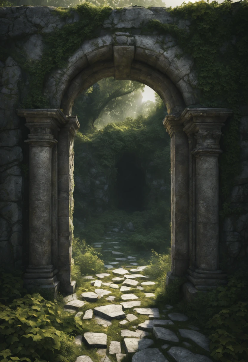 "Subject Description {A decrepit gateway made of weathered stones, entwined with overgrown ivy, standing alone in a desolate landscape, with a shimmering portal of light emanating from within}, Type of Image {Photorealistic Image}, Art Styles {surrealism}, Camera {35mm}, Shot {medium shot}, Render Related Information {4K, hyper detailed, ambient light}"