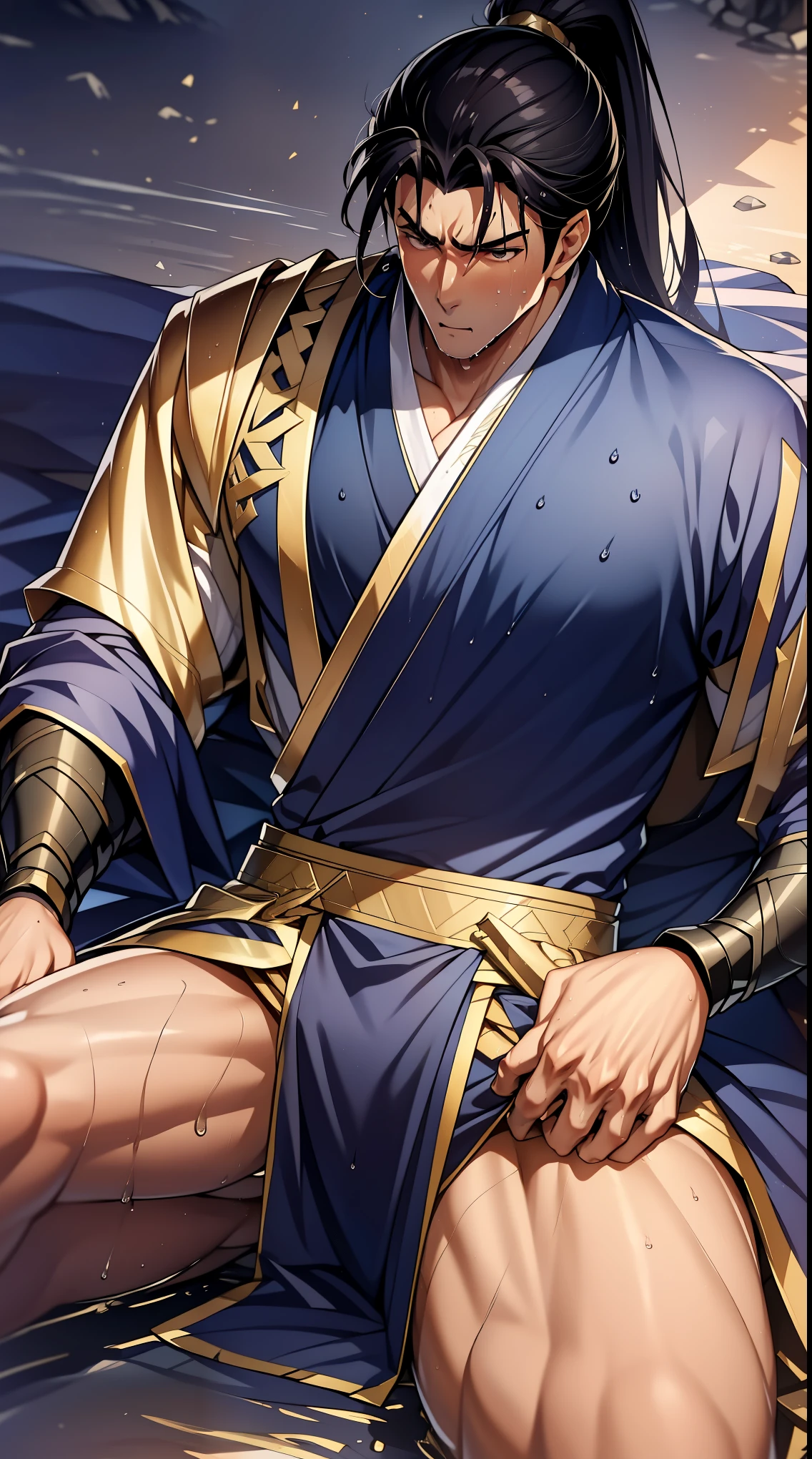 Two-dimensional, anime style, man (male warrior), muscle, correct proportions, face details, martial arts, high ponytail hairstyle, sweating, sweaty face, drooling, neck details, with Adam's apple, wet, wet, Hanfu costume, long robe, embroidered robe, dragon robe, clothing details, collar, long sleeves, game quality, swordsman demeanor, light and shadow tracing, ray tracing, detail glow, CG rendering, hair details, long black hair, golden eyes, sweaty face, handsome, handsome, sweat beads slipping down the neck, (juvenile feeling), complex clothing, wet, wet, perfect composition, refinement, high quality, more details, a lot of details, complex background, atmosphere,