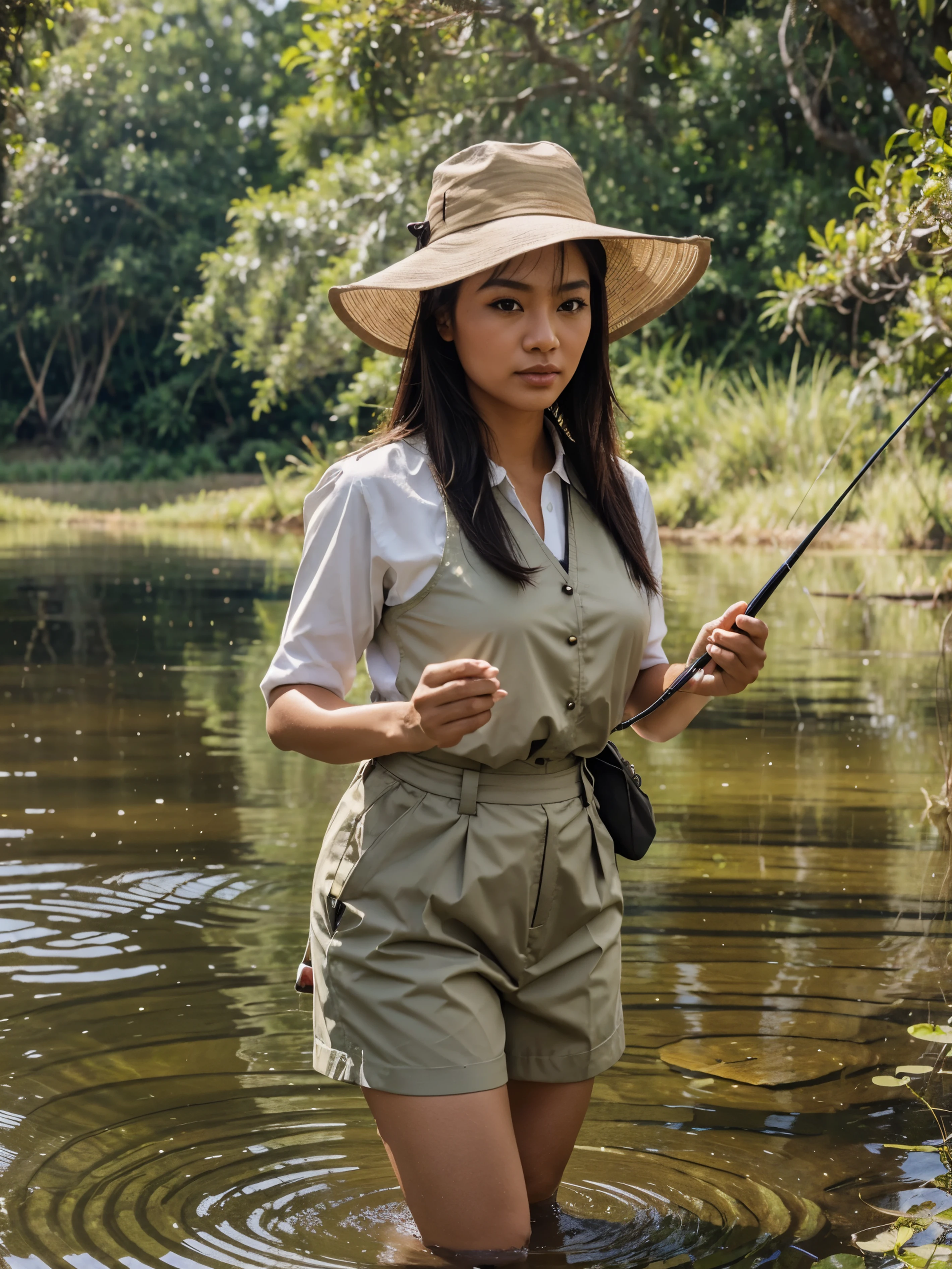 Create a real image of a pretty Malay lady fly fishing at a pay pond for barramundi. She is wearing full ex-officio outfit with a Tilley hat.