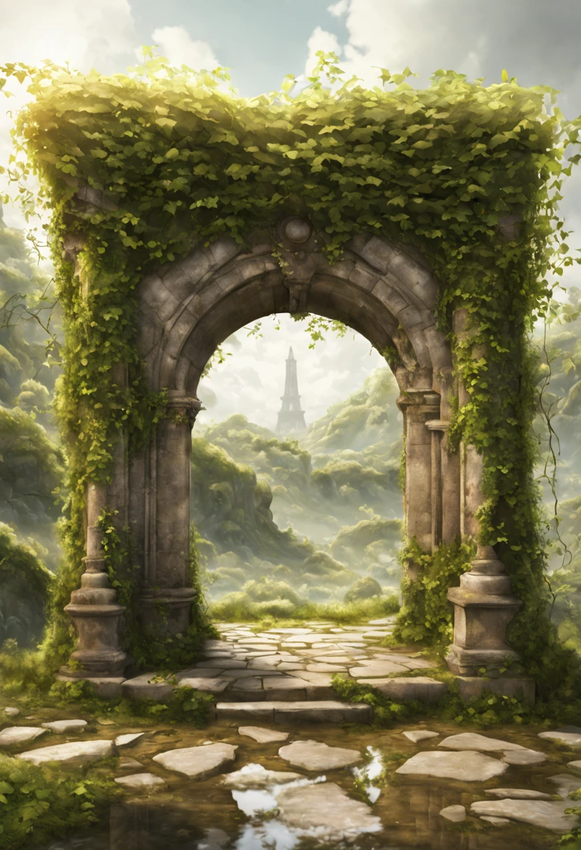 "Subject Description {A decrepit gateway made of weathered stones, entwined with overgrown ivy, standing alone in a desolate landscape, with a shimmering portal of light emanating from within}, Type of Image {Photorealistic Image}, Art Styles {surrealism}, Camera {35mm}, Shot {medium shot}, Render Related Information {4K, hyper detailed, ambient light}"