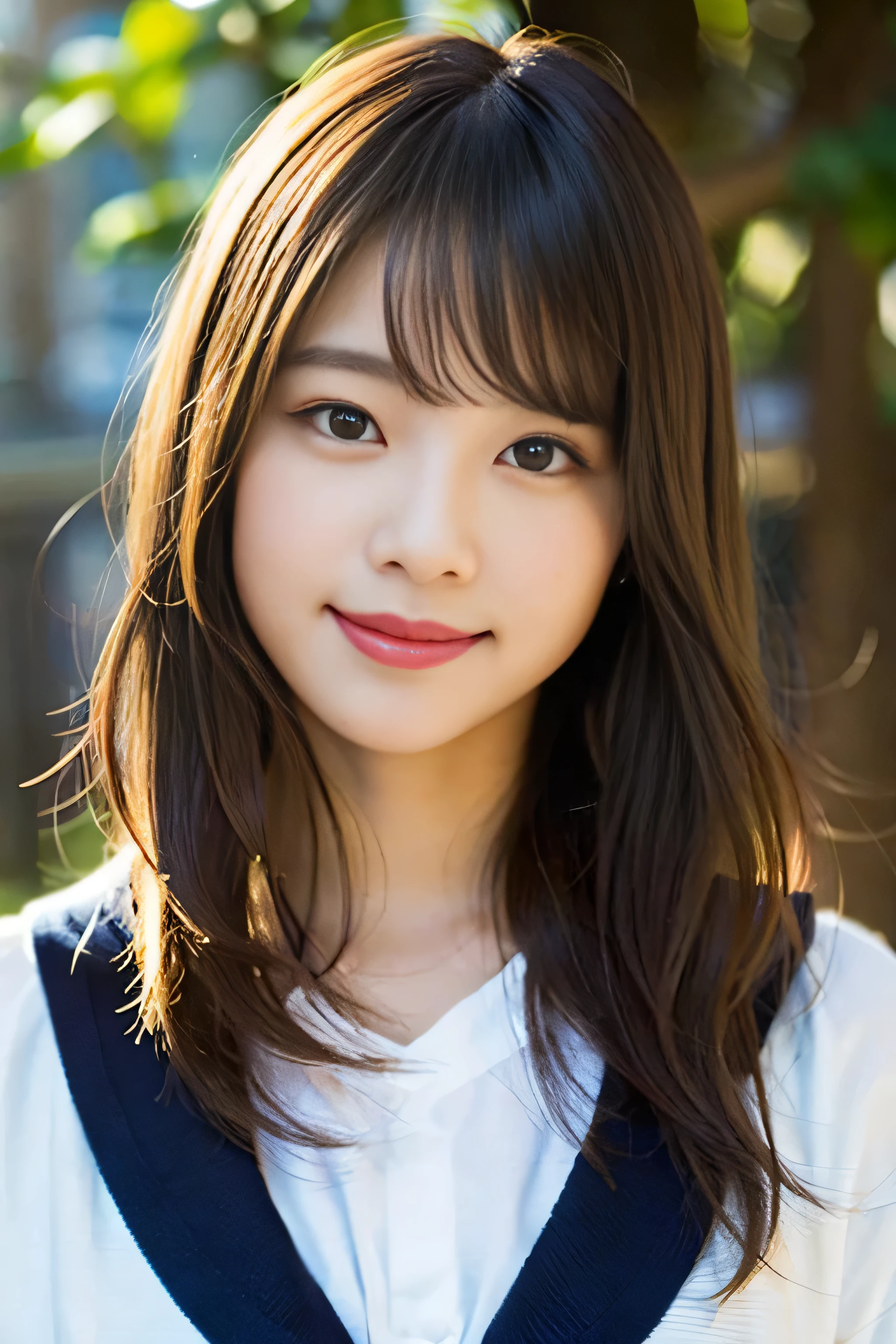 (8K、RAW photo、highest quality、masterpiece:1.2)、(realistic、Photoreal:1.37)、Super detailed、ultra high resolution、1 girl、see the beholder、beautiful and detailed face、laughter、narrow、(slim waist) :1.3)、beautiful and smooth skin、skin texture、floating hair、professional lighting、as a whole human body、long hair、blonde、Japanese high school uniform、sailor suit、admission、、bob hair、E cup、smile、16 years old、red ribbon、baby face、childish smile、no makeup、moisturizing lips、pale pink lips、hood