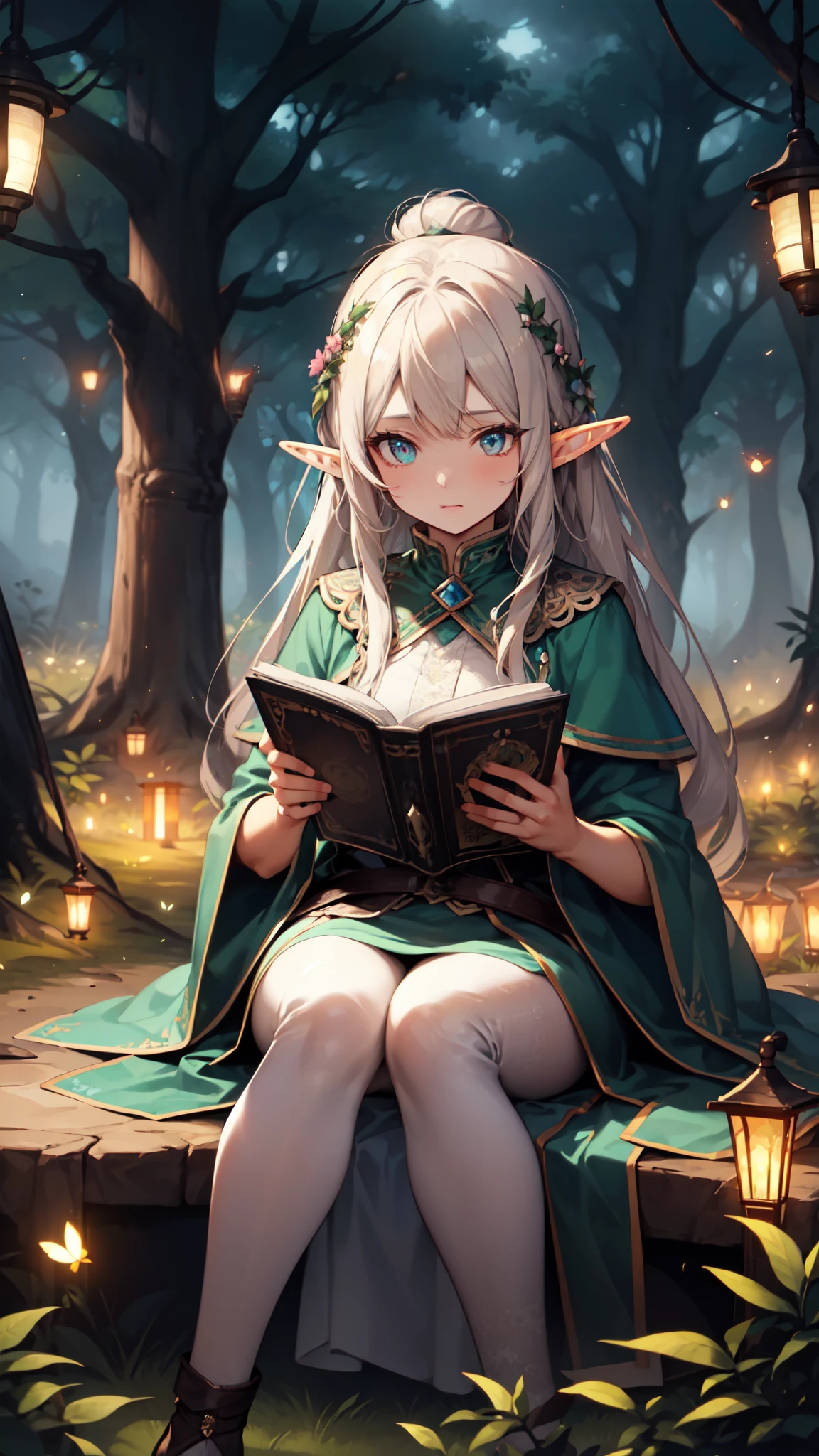 ((masterpiece)), (top quality), (best quality), ((ultra-detailed, 8k quality)), Cinematic lighting, soft semi-backlit light, (detailed line art), absurdres, (best composition), (high-resolution), Aesthetics, cel-shading,
BREAK,
A serene depiction of an elf leisurely sitting stump in a magical garden at twilight, The elf is engrossed in (reading:1.3) a leather-bound tome of elven poetry, while the fragrance of night-blooming flowers adds to the ethereal ambiance, adorned in intricate elven attire, Fantasy, (tranquil twilight:1.2), (magical garden setting:1.2), (firefly glow:1.25), (detailed elven features), [cinematic dramatic atmosphere], (mystical forest), (focused depth of field:1.2), (serene atmosphere:1.15)
BREAK,
highly detailed of ((elf:1.4)), (1girl), solo, perfect face, details eye, hair Bun, (hime cut, bangs:1.2), (white shining hair:1.2), blue eyes, shining eyes, (beautiful detailed eyelashes, eyeshadow, pink eyeshadow),  serious, Concept art by Mikimoto Haruhiko, by Kawacy, By Yoshitaka Amano,
BREAK, 
((perfect anatomy)), perfect body, Abs, (medium breast), perfect hands, perfect face, beautiful face, beautiful eyes, perfect eyes, (perfect fingers, deatailed fingers), correct anatomy, perfect legs, 