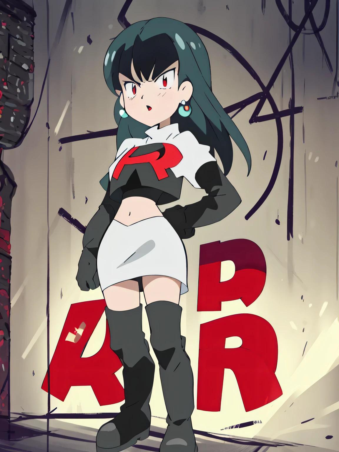 SabrinaPKMN, black hair ,glossy lips, earings,masterpiece, best quality, highres,team rocket uniform, red letter r, white skirt, white crop top, black thigh-high boots, black elbow gloves, glaring angrily, looking at viewer, hands on hips, full body seen, zettai ryouiki