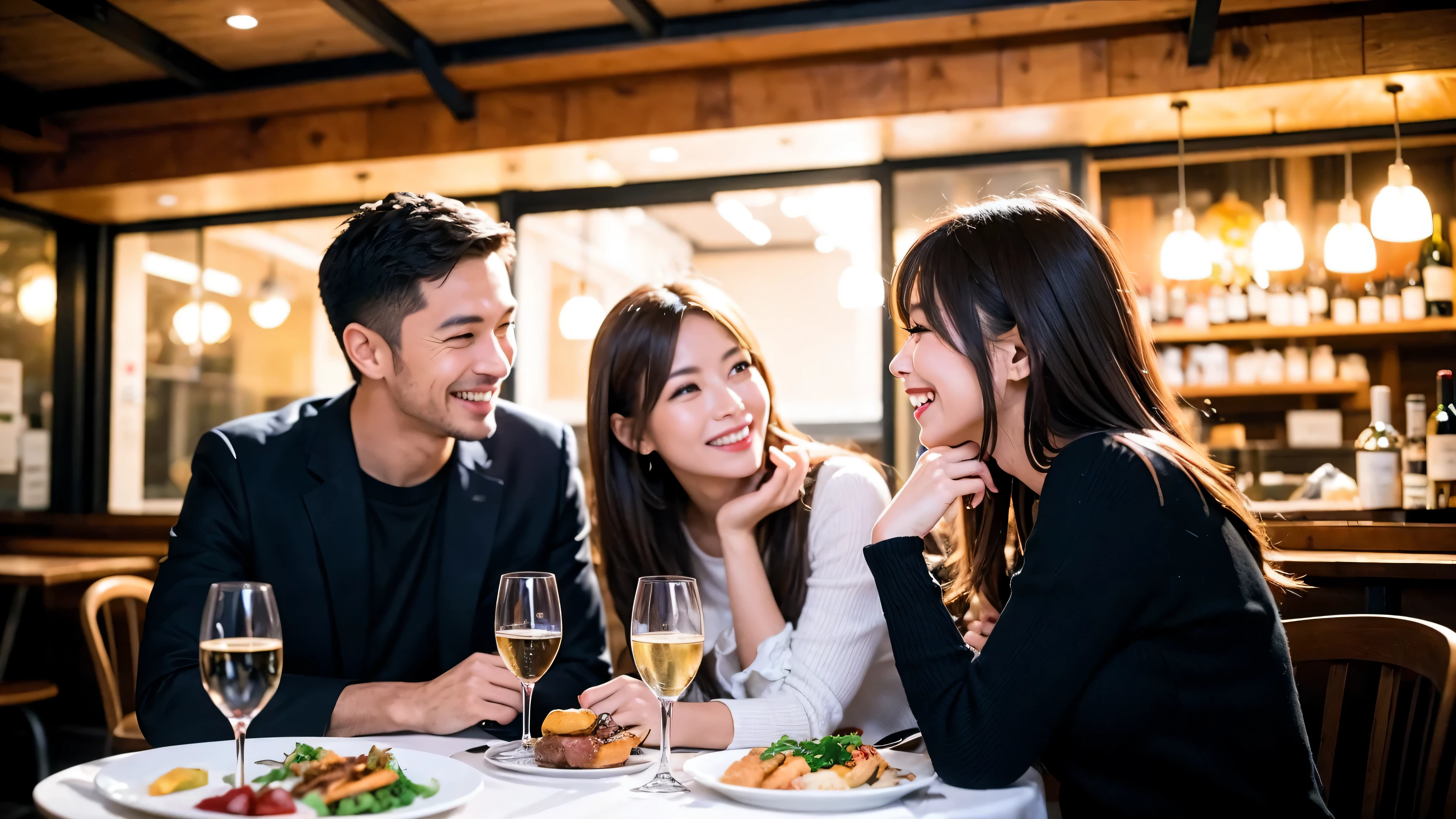 64k, UHD, highest quality, masterpiece: 1.2), (realistic, photorealistic: 1.37), Super detailed, celebration party、3 women who love wine、three men、champagne、Sparkling wine、winter night、restaurantでワイン宴会、(slimな男女4名),(Wine party for 5 people)、(slimフェイス),Happy、 最高なsmile、Fox Face、Raccoon face、Berry Short、(because I'thin), (brown hair), (shortcut), long sleeve shirt、winter fashion、Colombia、Brazilian、Japanese、Dutch、German、Portuguese、Belgian、Italian、french, (gush), (slimボティ), (brown hair), (shortcut), Neat beauty、cheeks blush a little, (41 years old), 38 years old, alone, A beautiful and detailed night view spreads out outside the window..., restaurant, wine glassが座っている, At night, in a prominent place (from the Upper body) nova frog style, actress, model, Upper body, White wine, slim, wine glass, very beautiful night view, wine glass Put in the Middle, Happy smile, (smile: 1.15),