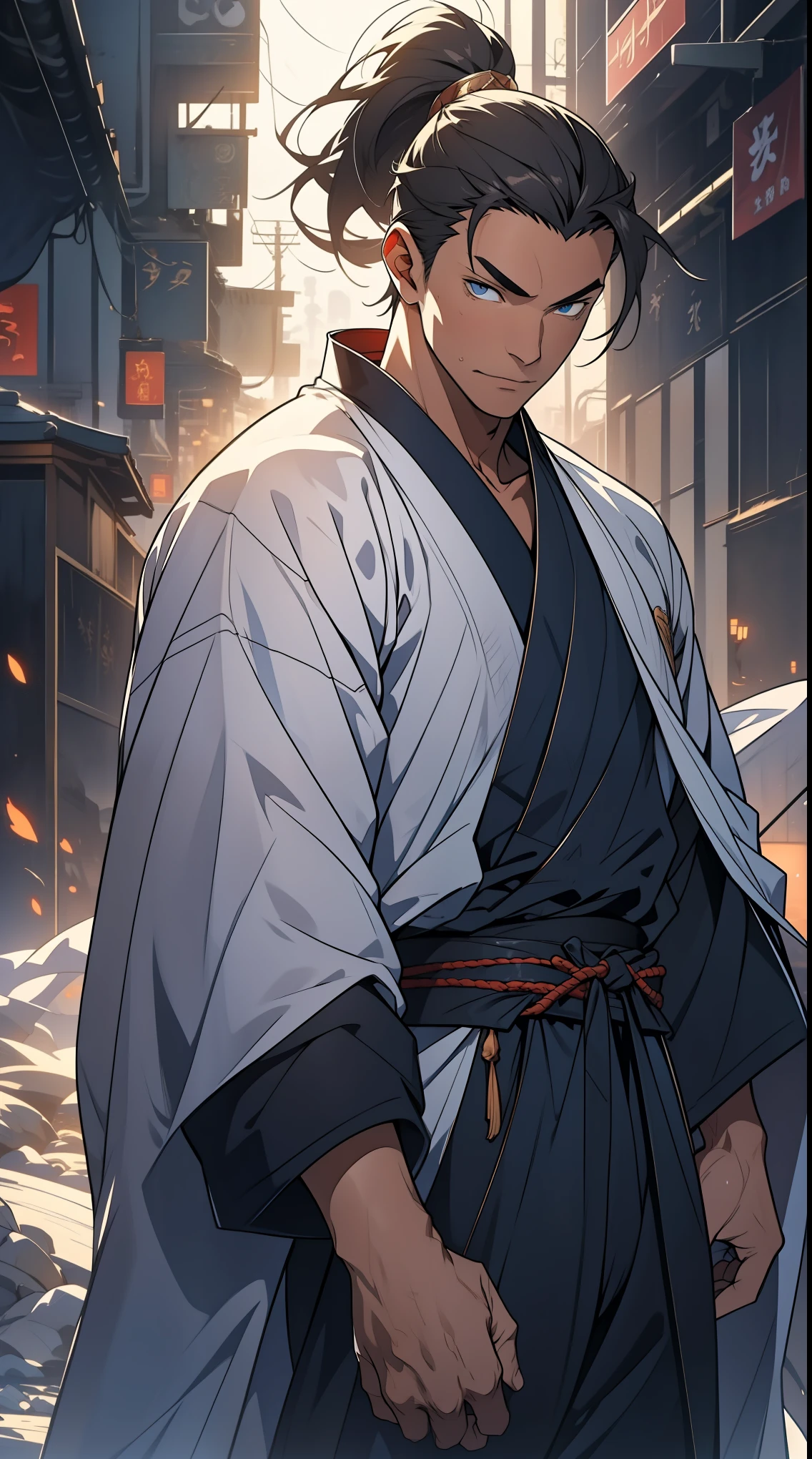 Two dimensions，anime style，one person（male warrior），proportions are correct，facial details，swordsman，high ponytail hairstyle，neck detail，Have an Adam&#39;s apple，White robe，joke，white robe，clothing details，transfer，long sleeves，Game quality，fencing，Ray tracing，Ray tracing，Detailed glow，CG rendering，hair details，long white hair，blue eyes，Handsome，Handsome，（Youthful feeling），Clothing is complicated，Perfect composition，refine，high quality，higher details，many details，Complex background，a sense of atmosphere，