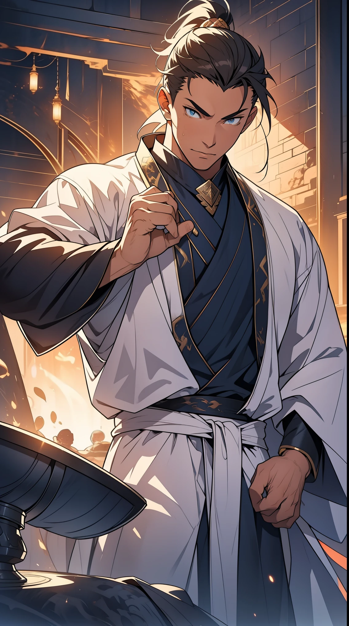 Two dimensions,anime style,one person(male warrior),proportions are correct,facial details,swordsman,high ponytail hairstyle,neck detail,Have an Adam's apple,White robe,joke,white robe,clothing details,transfer,long sleeves,Game quality,fencing,Ray tracing,Ray tracing,Detailed glow,CG rendering,hair details,long white hair,blue eyes,Handsome,Handsome,(Youthful feeling),Clothing is complicated,Perfect composition,refine,high quality,higher details,many details,Complex background,a sense of atmosphere,