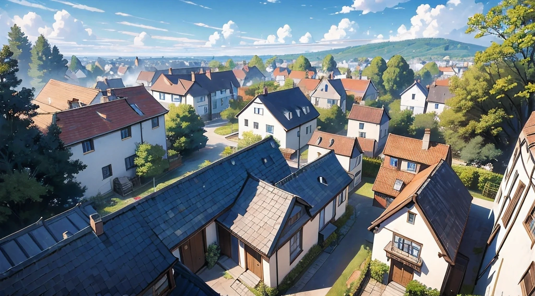 howlbgs, lower shot, small village, (smoke from chimneys:0.8), roofs, leaves, trees, blue sky, sunny day, due to the development afterwards and the population increase, a new town area was formed on the outskirts of the wall. A fourth wall was then completed, enclosing this new town area altogether.