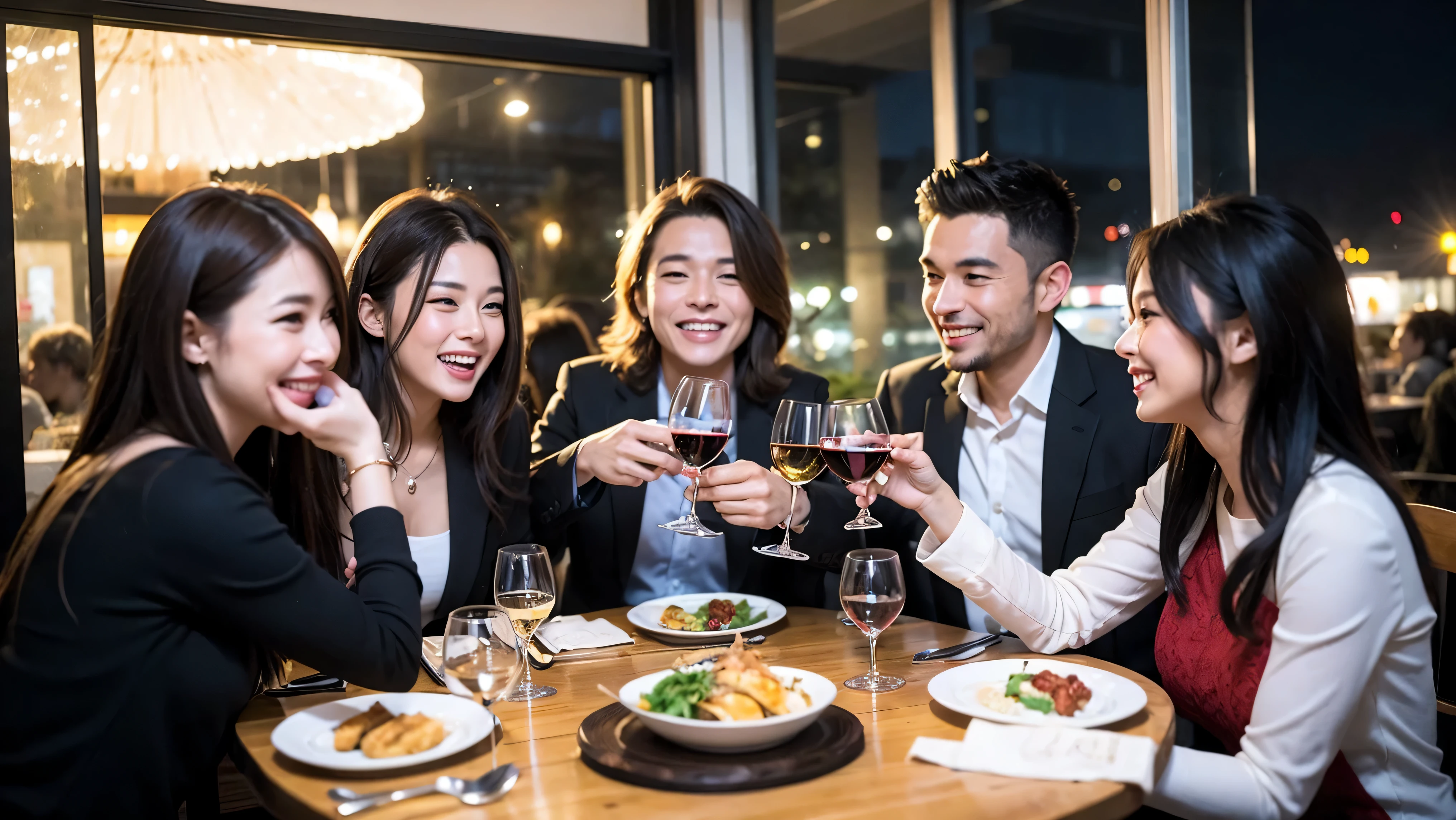 ((Highest quality、8K、masterpiece:1.3))、1 male 1 female、Slim lover、Beautiful couple、Smile、full-course dinner、 (Slim face), (the body is スリム), (Brown Hair), (Shortcuts), ((Bob Hale、Straight hair:1.2)), テーブルの上のwine glass、Shine light on your face、 Amazing view of the sunset sky and clouds、The beauty of a smile、Bright image、Blushing, Shortcuts, (43 years old), 39 years old, Appetizers、Italian food、Wine bottle、Champagne、sparkling wine、Long sleeve shirt、dress、Attractive beauty、restaurant, Nova Frog Style, actress, model, Upper Body, White wine, red wine, wine glass,