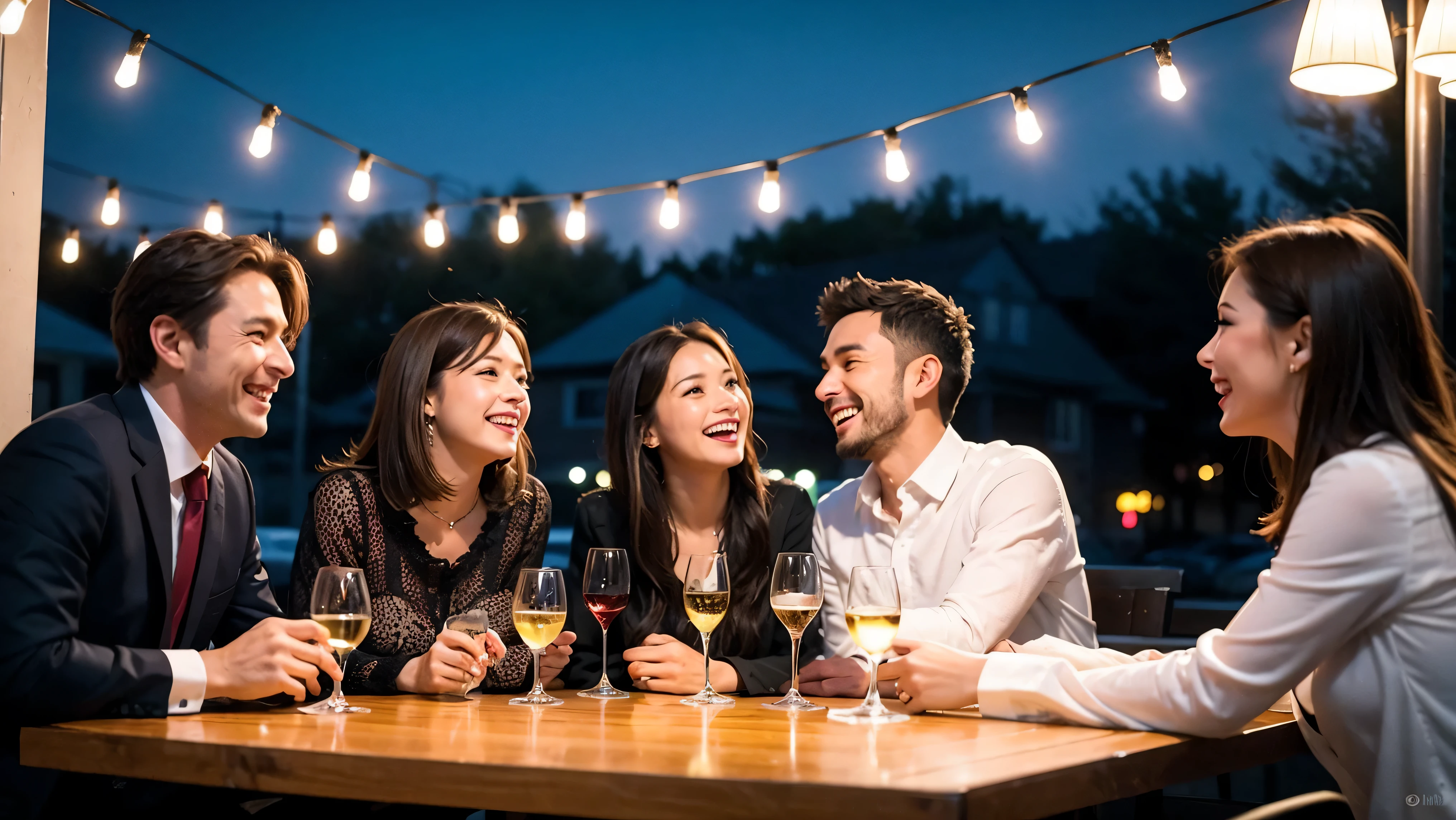 64k, UHD, highest quality, masterpiece: 1.2), (realistic, photorealistic: 1.37), Super detailed, celebration party、3 women who love wine、three men、champagne、Sparkling wine、winter night、restaurantでワイン宴会、(slimな男女4名),(Wine party for 5 people)、(slimフェイス),Happy、 最高なsmile、Fox Face、Raccoon face、Berry Short、(because I'thin), (brown hair), (shortcut), long sleeve shirt、winter fashion、Colombia、Brazilian、Japanese、Dutch、German、Portuguese、Belgian、Italian、french, (gush), (slimボティ), (brown hair), (shortcut), Neat beauty、cheeks blush a little, (41 years old), 38 years old, alone, A beautiful and detailed night view spreads out outside the window..., restaurant, wine glassが座っている, At night, in a prominent place (from the Upper body) nova frog style, actress, model, Upper body, White wine, slim, wine glass, very beautiful night view, wine glass Put in the Middle, Happy smile, (smile: 1.15),