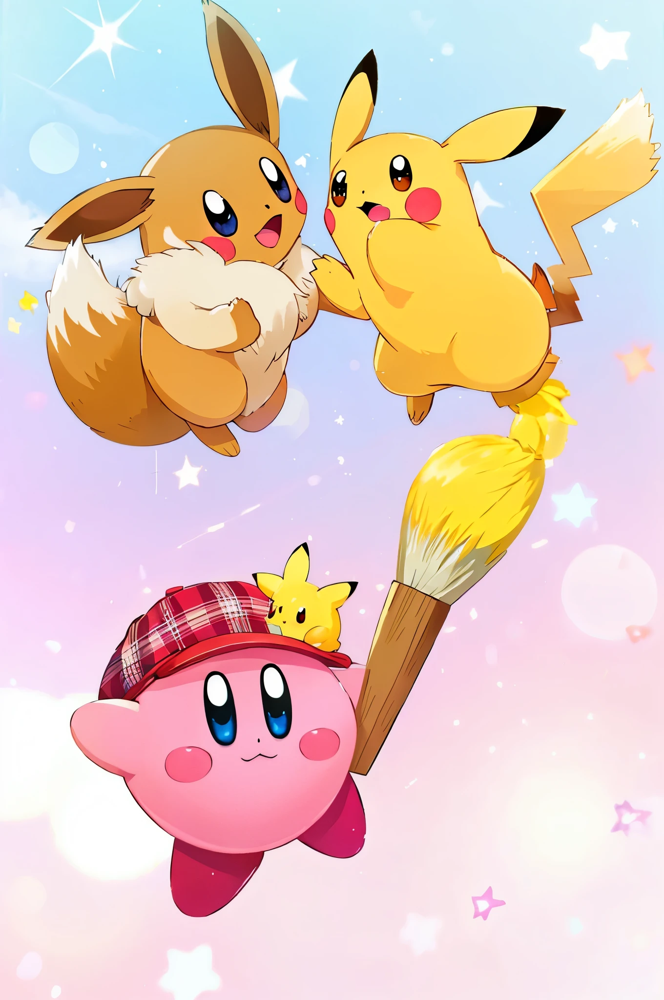 ((masterpiece)), (highest quality), High resolution, Super detailed, confused, anime character, Game Characters, round pink character, Kirby, electric mouse, Pikachu, Eevee, fox-like character, Painting with a brush, 