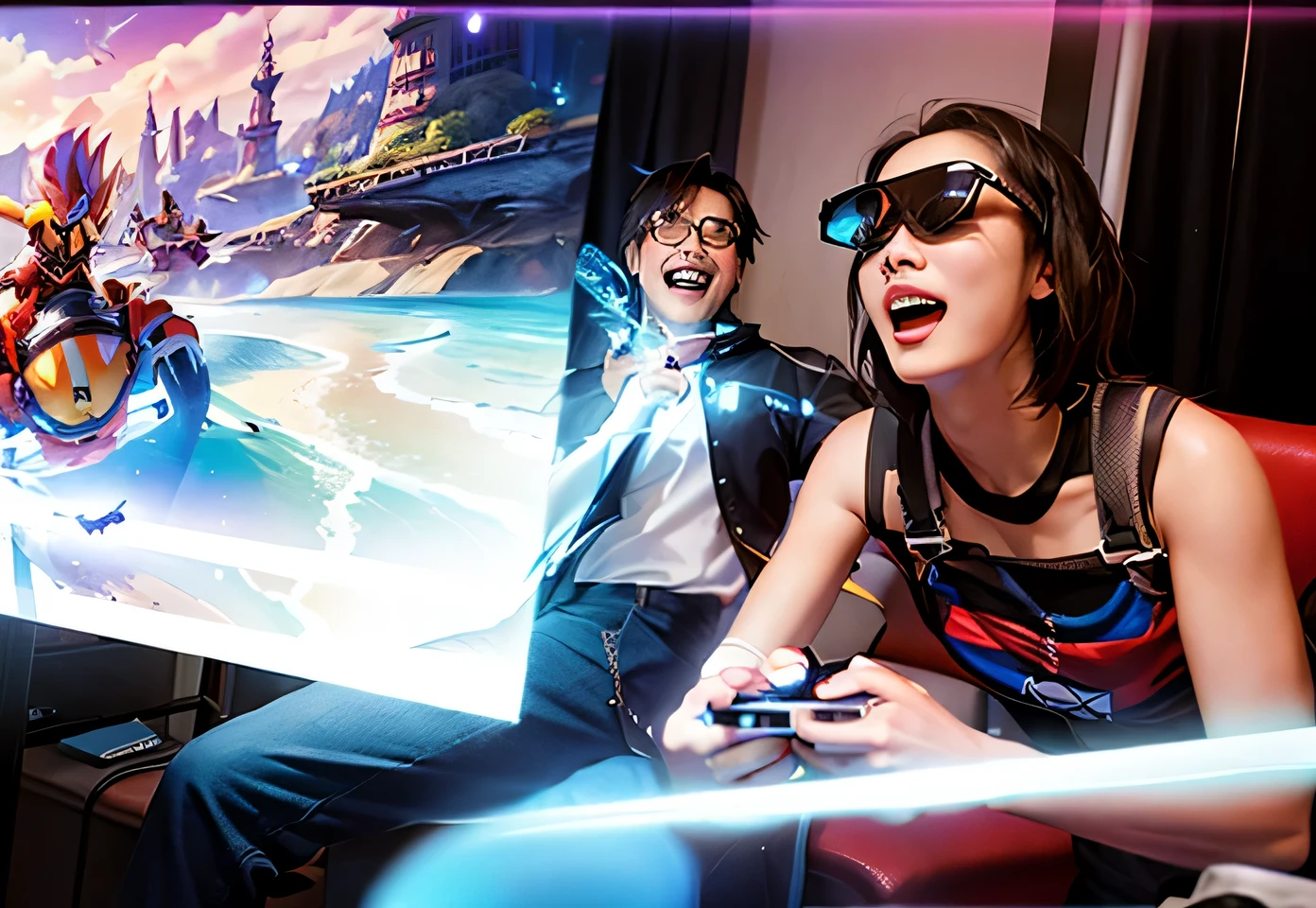 有两张一女一男在玩电子游戏的photo, 3d video game, 3D video games, Game 3D, Immersive, YouTube thumbnails, 3 d game, virtual reality games, futuristic Augmented reality glasses, epic 3 d omolu, Augmented reality glasses, 4D cinema, 2 0 4 0 Game Room, disney pixar 3d style, 3D goggles，photo，high-definition photography