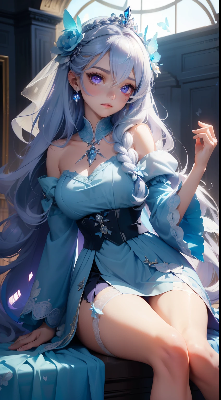 full body, 1 child female, tarot cards (Prominence in Masterpiece, Best Quality: 1.2), solo, 1 girl,aqua, serious, mouth closed, looking at viewer, hand on face, sitting, legs crossed, big thighs, big breasts,blue hair) The clothes ar, bandagens, Leather