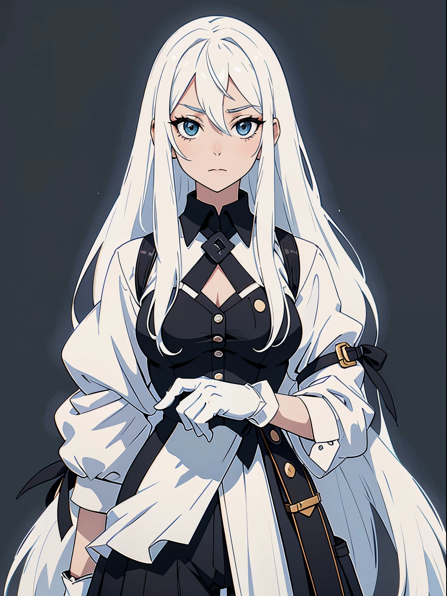 ((White hair)),((Head and Shoulders Image)),(super-long hair),Sexy,A person,Alone,Simple style,pancake ,Simple details,Black background,Empty background,Black background wall,(20 year old woman),(Cotehardie),(White Gloves),Lace Shirt,Waistcoat