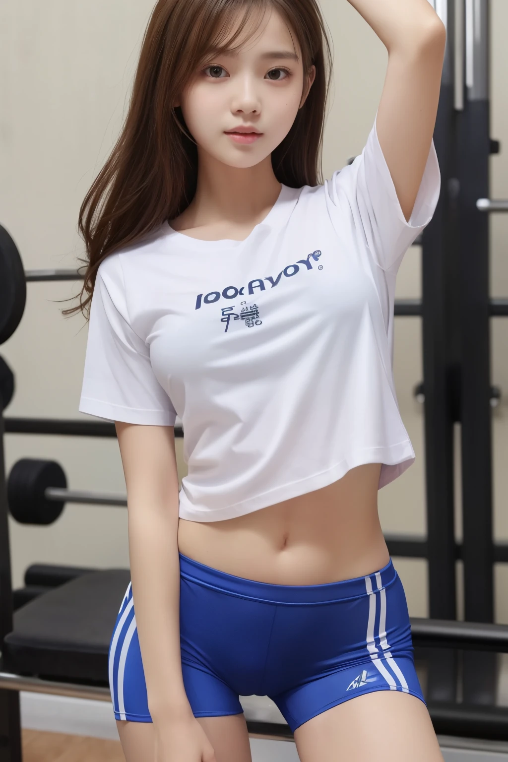 1 girl、((T-shirt))、Athletics gym clothes、bloomers、spread legs、Wedgie、（Spread your legs apart）、( small breasts)、（small breasts）、 (best quality: 1.1)、(highly detailed skin), (ultra high resolution:1.0) ,(realistic photo:1.0), (Super detailed:1.0), (8K, Raw photo:1.1)