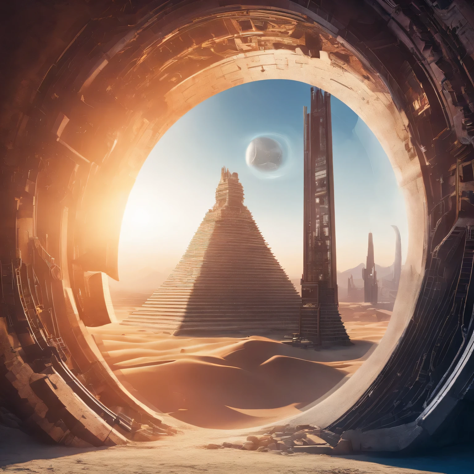 Realistic double exposure photography., we combine the silhouette of an ancient medieval fortress in a sandy haze and a high-tech portal in the form of a star gate, A high-tech portal in the form of a stargate stands in the laboratory and is connected to a high-tech device by various cables and tubes, There is blue pulsating energy inside the high-tech portal in the form of a stargate, in which the silhouette of an ancient medieval fortress in a sandy haze with its details is visible, smoothly fits inside the stargate, Sharp Focus, great depth of field, hyperrealistic, extremely detailed, ray tracing, Cinematic, HDR, photorealistic (double exposure: 1.3)