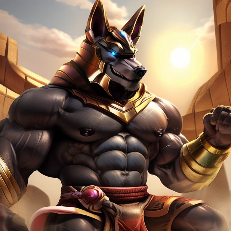 Anubis deep throating human cock. (Anubis feral female dog), (tongue out wraping around cock and driping wet), (tail up), (look of extreme pain), (pov), (human cock in anubis's mouth), dusk night sky, 4k,