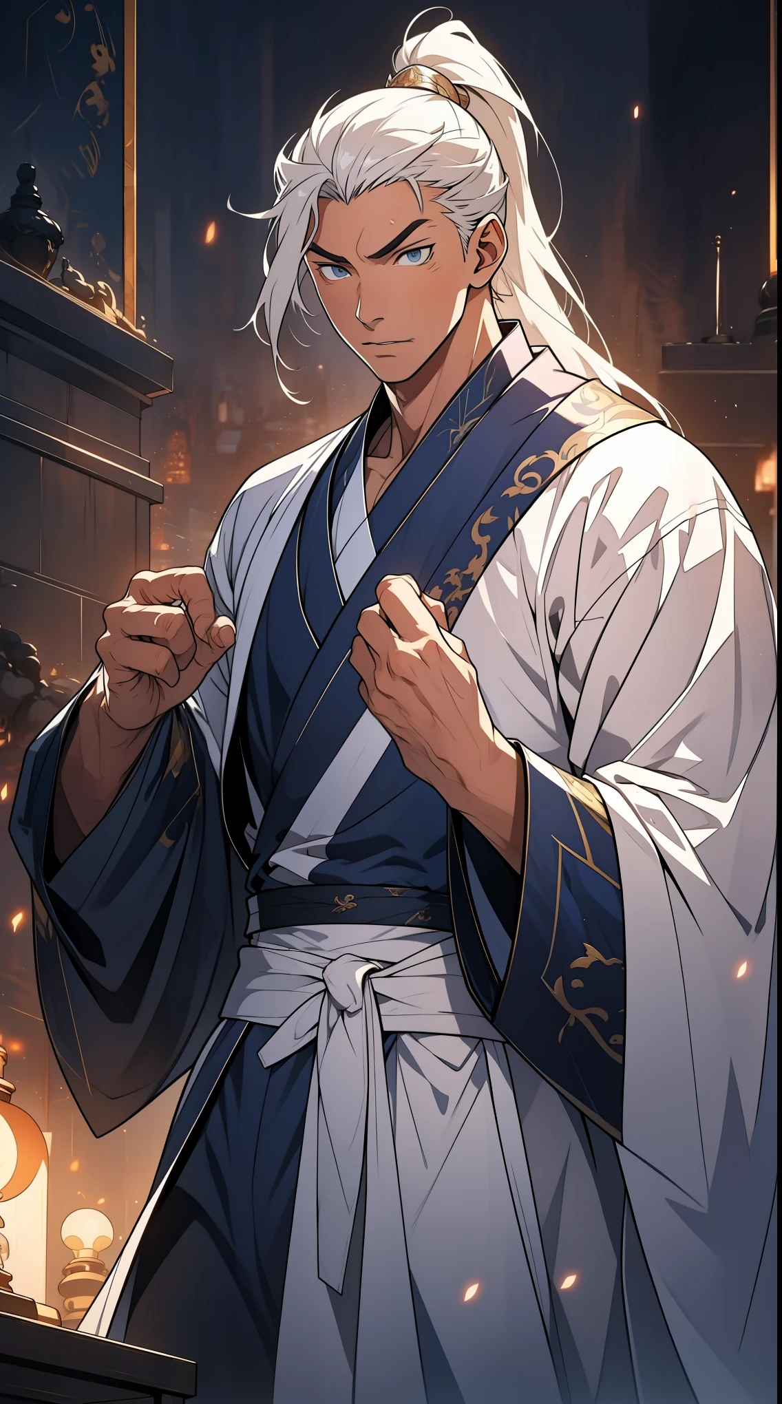 Two dimensions,anime style,one person(male warrior),proportions are correct,facial details,swordsman,high ponytail hairstyle,neck detail,Have an Adam's apple,White robe,joke,white robe,clothing details,transfer,long sleeves,Game quality,fencing,Ray tracing,Ray tracing,Detailed glow,CG rendering,hair details,long white hair,blue eyes,Handsome,Handsome,(Youthful feeling),Clothing is complicated,Perfect composition,refine,high quality,higher details,many details,Complex background,a sense of atmosphere,
