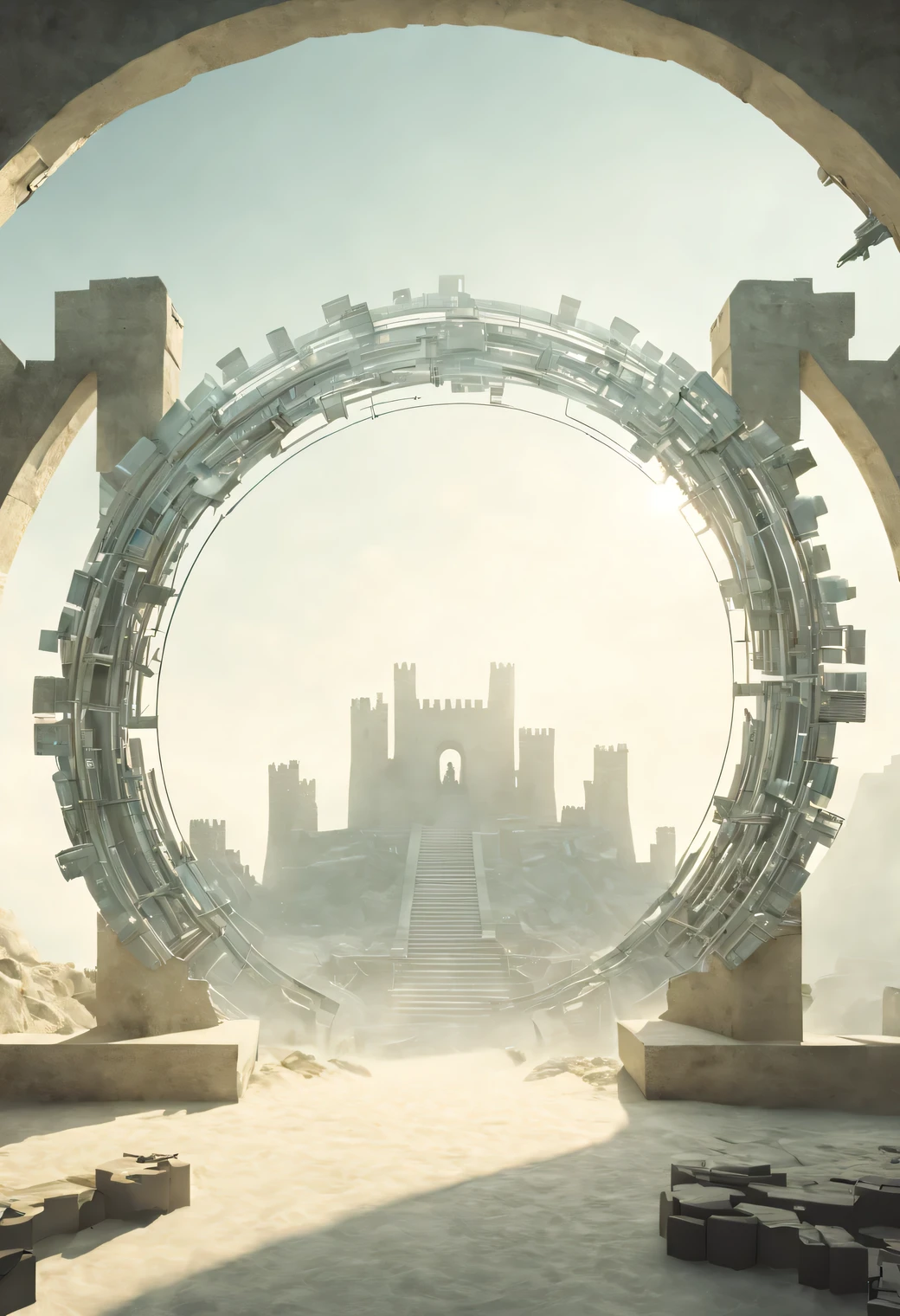 Realistic double exposure photography., we combine the silhouette of an ancient medieval fortress in a sandy haze and a high-tech portal in the form of a star gate, A high-tech portal in the form of a stargate stands in the laboratory and is connected to a high-tech device by various cables and tubes, There is blue pulsating energy inside the high-tech portal in the form of a stargate, in which the silhouette of an ancient medieval fortress in a sandy haze with its details is visible, smoothly fits inside the stargate, Sharp Focus, great depth of field, hyperrealistic, extremely detailed, ray tracing, Cinematic, HDR, photorealistic (double exposure: 1.3)