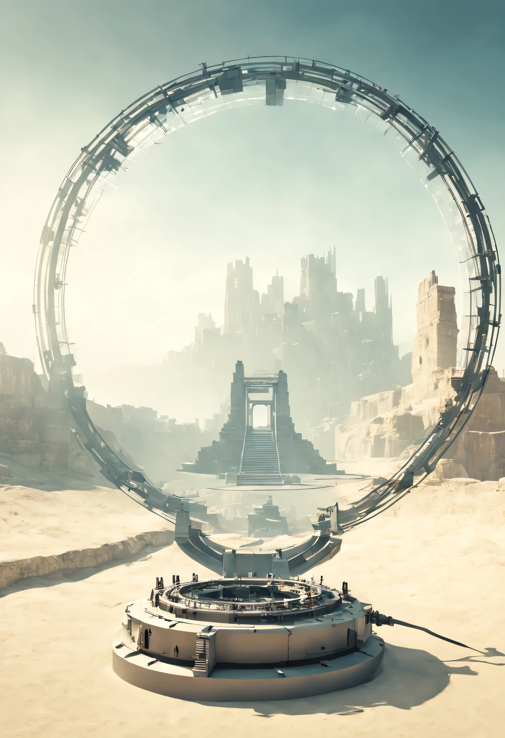 Realistic photo with (double exposure:1,5), a high-tech portal in the form of a stargate stands in the laboratory and is connected to high-tech devices by various cables and tubes, inside a high-tech portal in the form of a stargate, a smoothly inscribed silhouette of an ancient medieval fortress in a sandy haze with its own details, Clear Focus, Great Depth Sharpness, hyperrealistic, extremely detailed, ray tracing, Cinematic, HDR, photorealistic (double exposure:1.5)